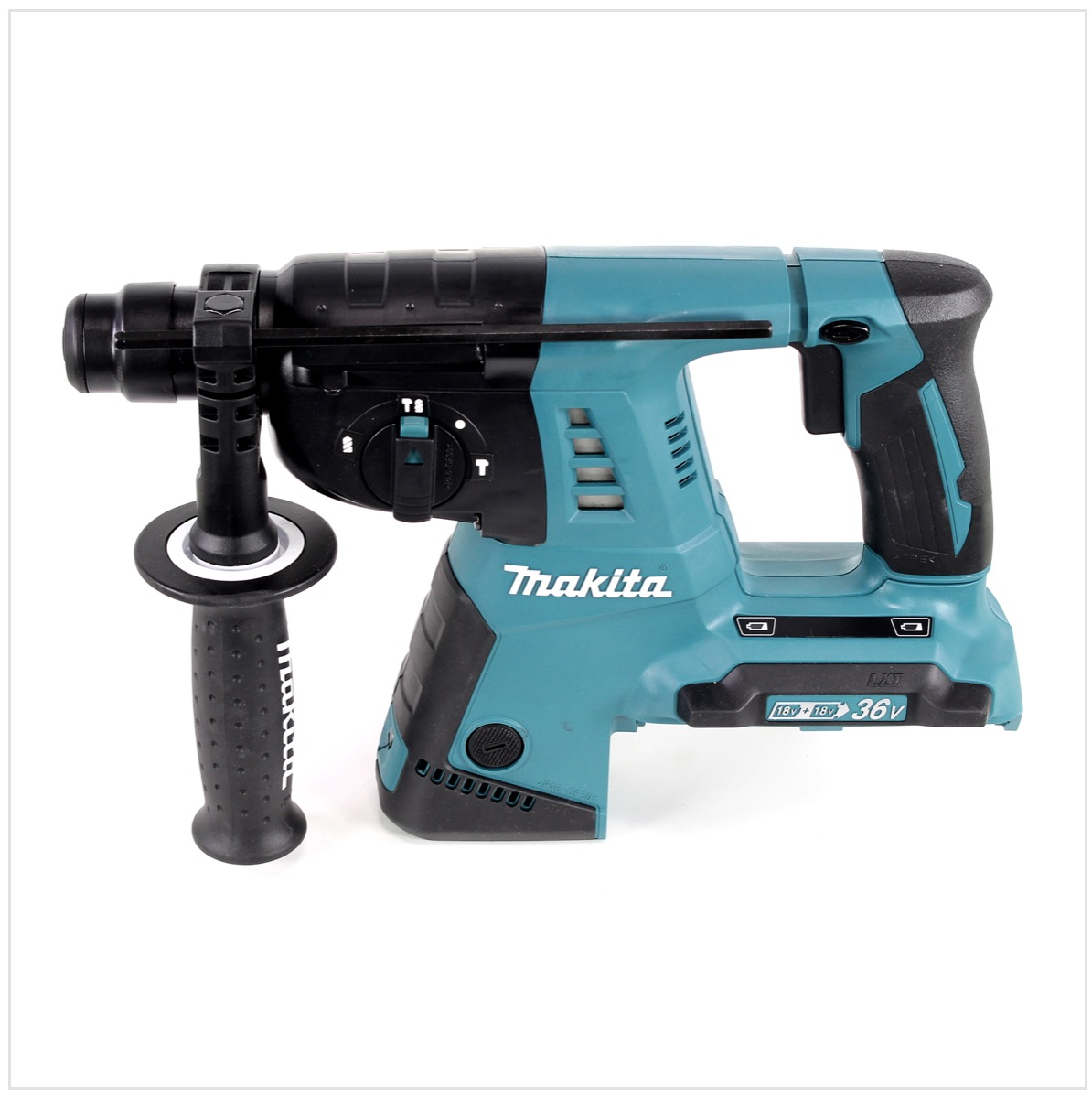 Makita türkis-schwarzer Bohrmaschine auf Weiß. Mit Griff und Seitenhandgriff. Die Bohrmaschine ist mit 'Makita' und '36V' beschriftet.