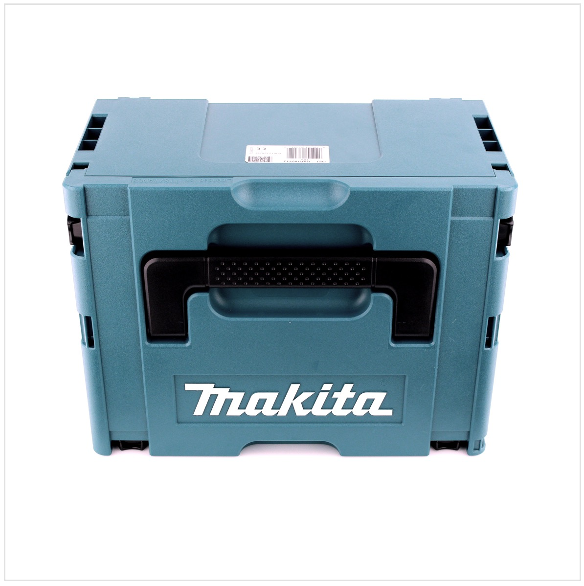 Eine türkisfarbene Makita-Werkzeugkiste. Sie hat einen schwarzen Griff und das Makita-Logo in Weiß. Die Box steht auf weißem Hintergrund.