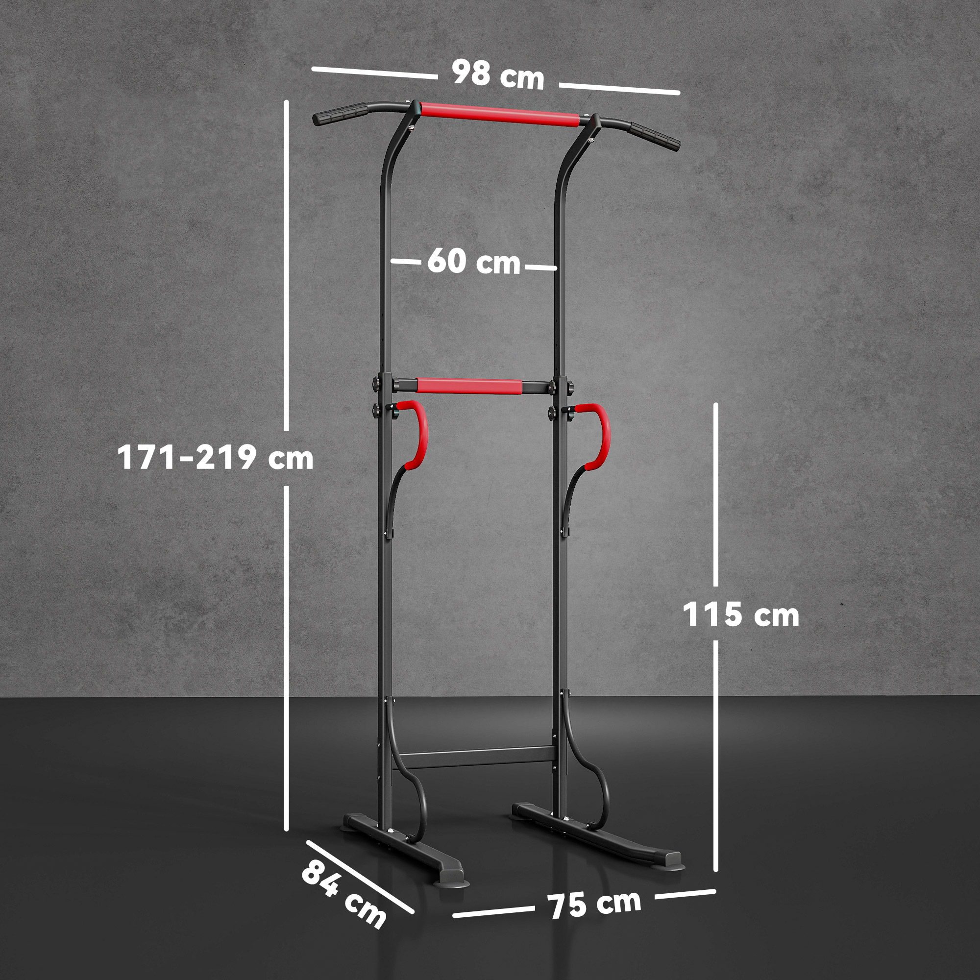 Barra per trazioni nera con dettagli rossi. Misure: 98 cm, 60 cm, 171-219 cm, 115 cm, 84 cm e 75 cm.