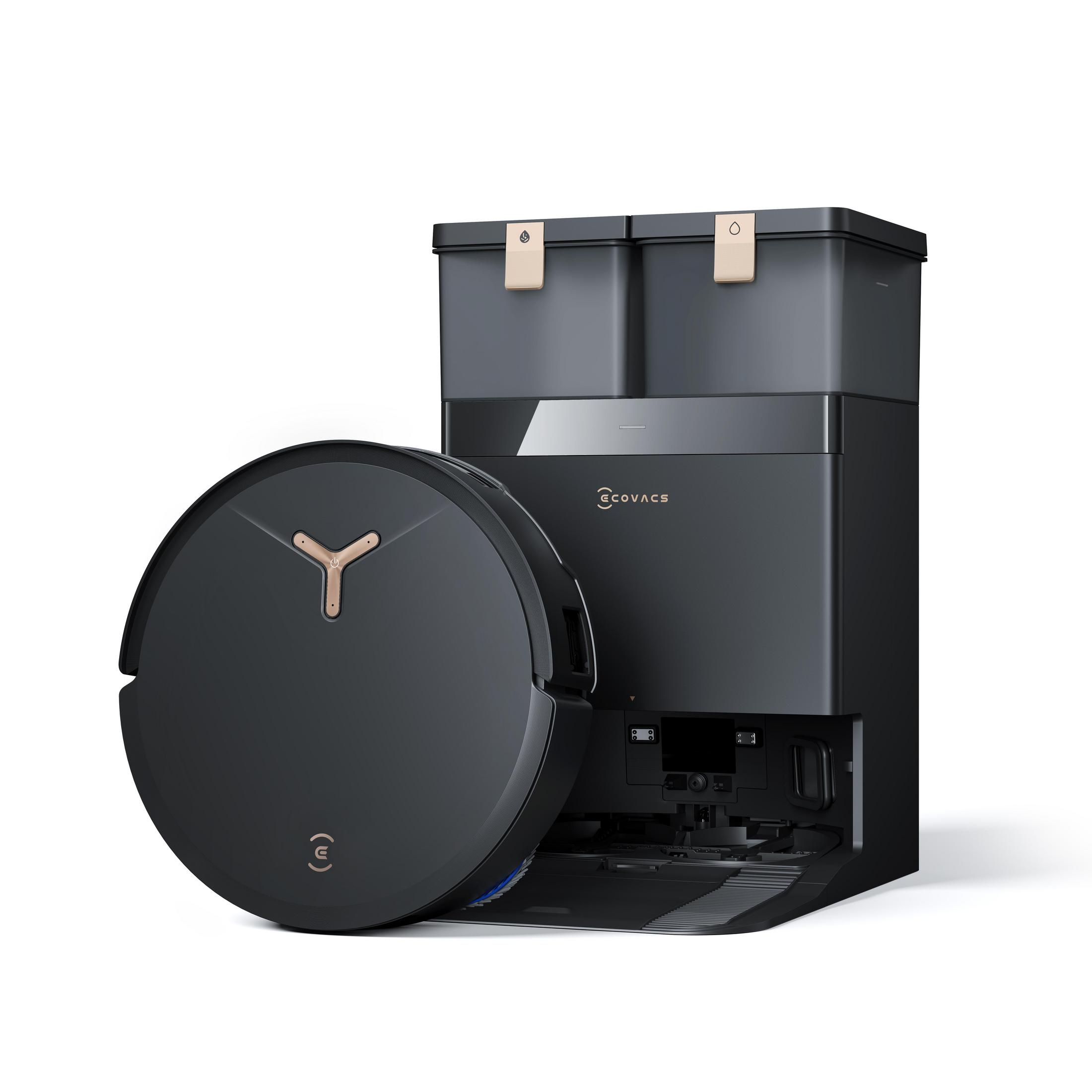Ein schwarzer und goldener Roboter-Staubsauger und eine schwarze Ladestation vor weißem Hintergrund. Das ECOVACS-Logo ist sichtbar.