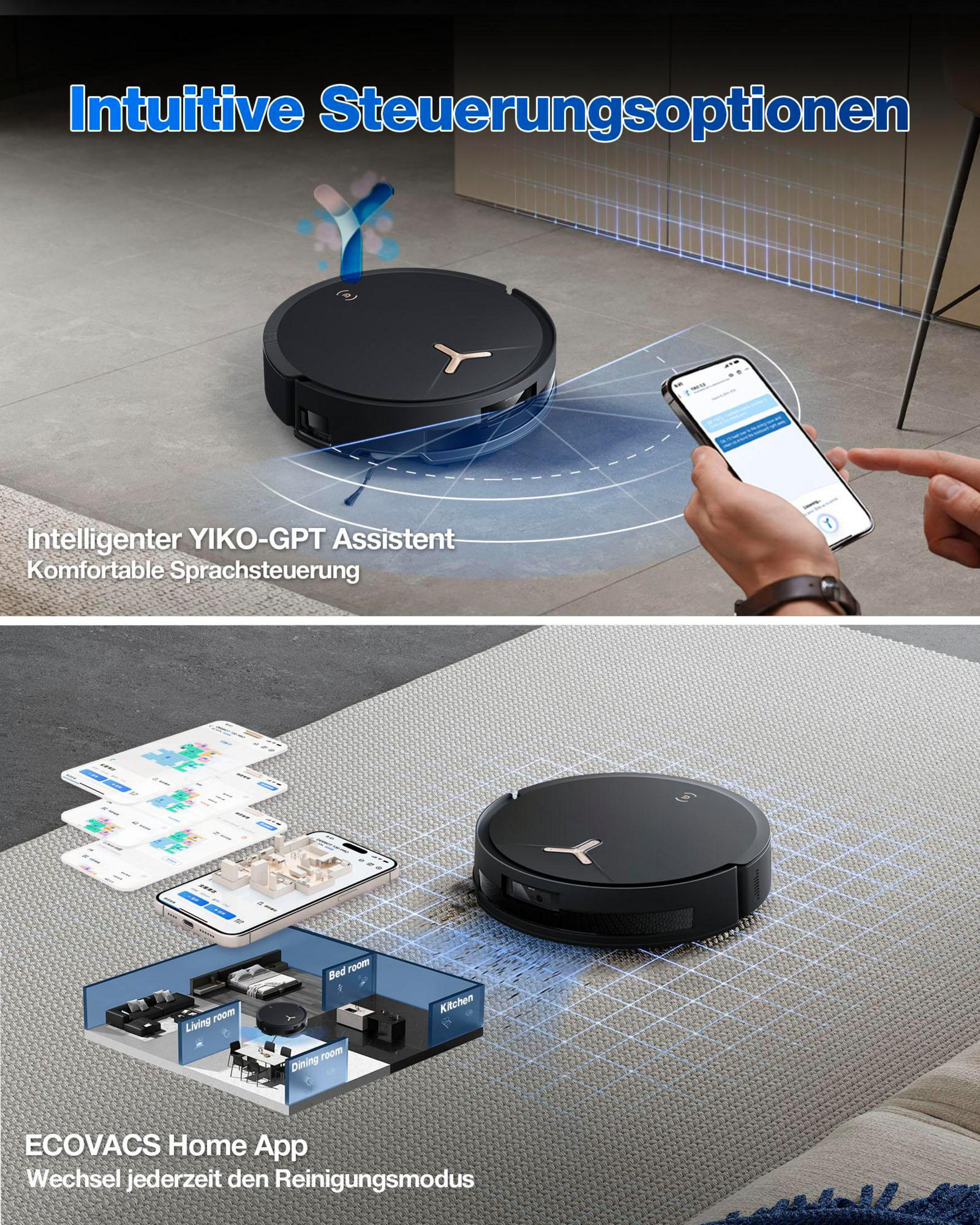 Roboter-Staubsauger und Smartphone. Das Bild zeigt einen Roboter-Staubsauger, ein Telefon mit App und Raumlayout.