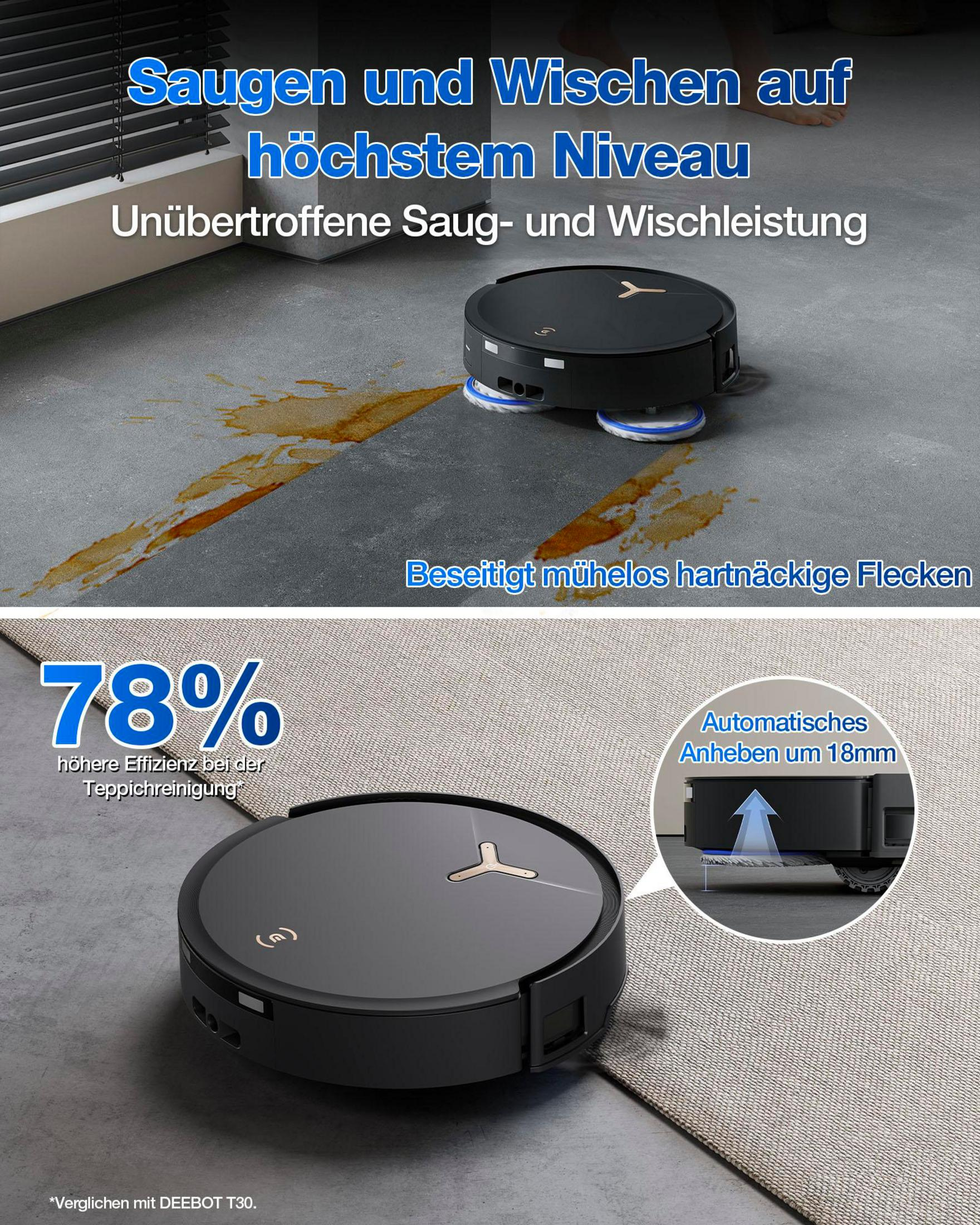 Ein schwarzer Roboter-Staubsauger reinigt einen Boden mit braunen Flecken. Text zeigt Reinigungsleistung und automatisches Anheben.