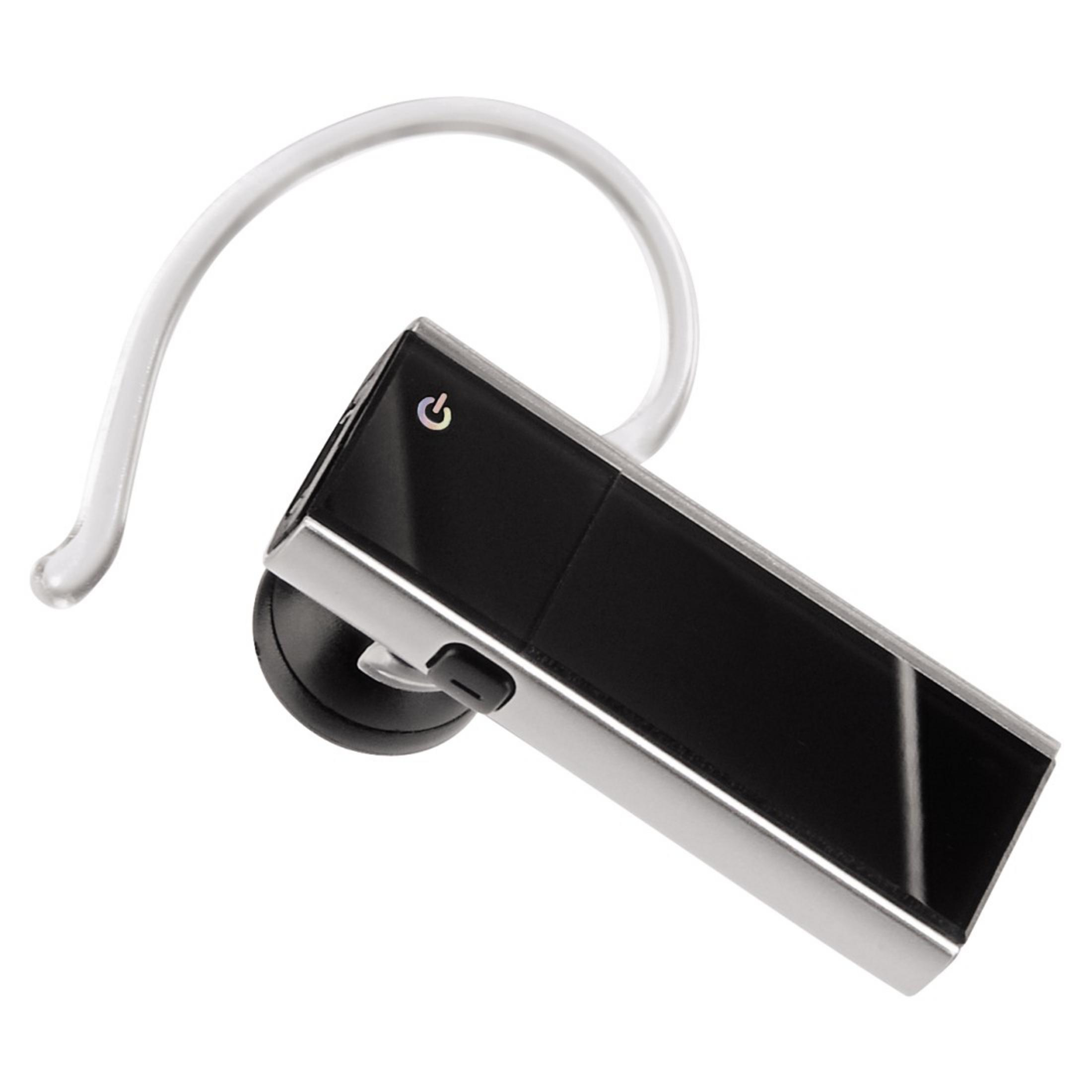 Ein schwarzes und silbernes Bluetooth-Headset mit einem durchsichtigen Ohrbügel. Es hat einen Ein-/Ausschalter und ein kleines Mikrofon.