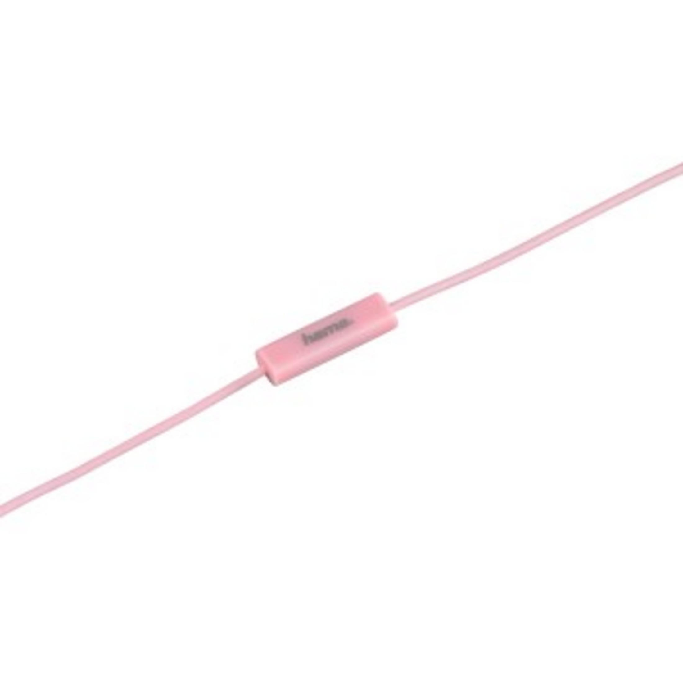 Pink earbud cable with a pink rectangular control with the 'hama' logo.