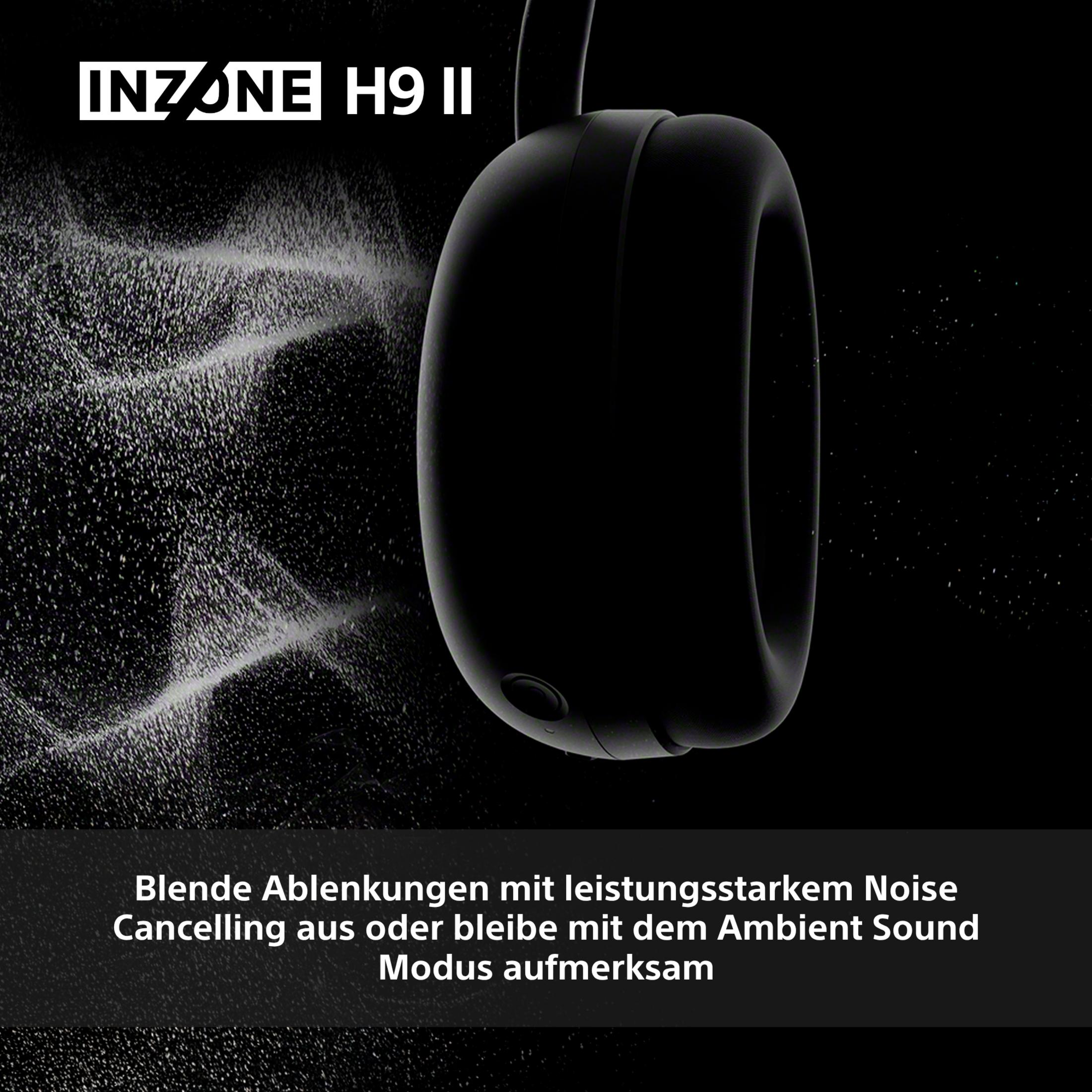 Casque INZONE H9 II noir avec effet d'eau sur fond noir. Texte : Bloquez les distractions avec une puissante réduction de bruit.