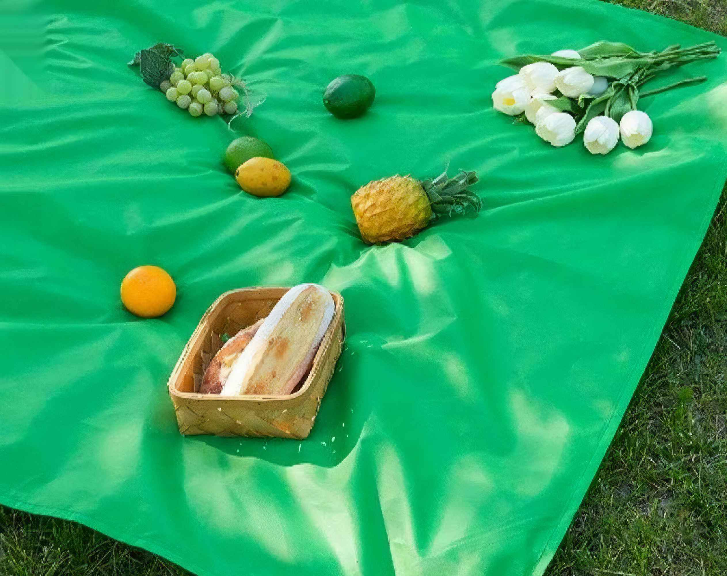 Eine grüne Picknickdecke mit Obst und Brot. Trauben, Limetten, Orange, Ananas, Brotkorb und Blumen.