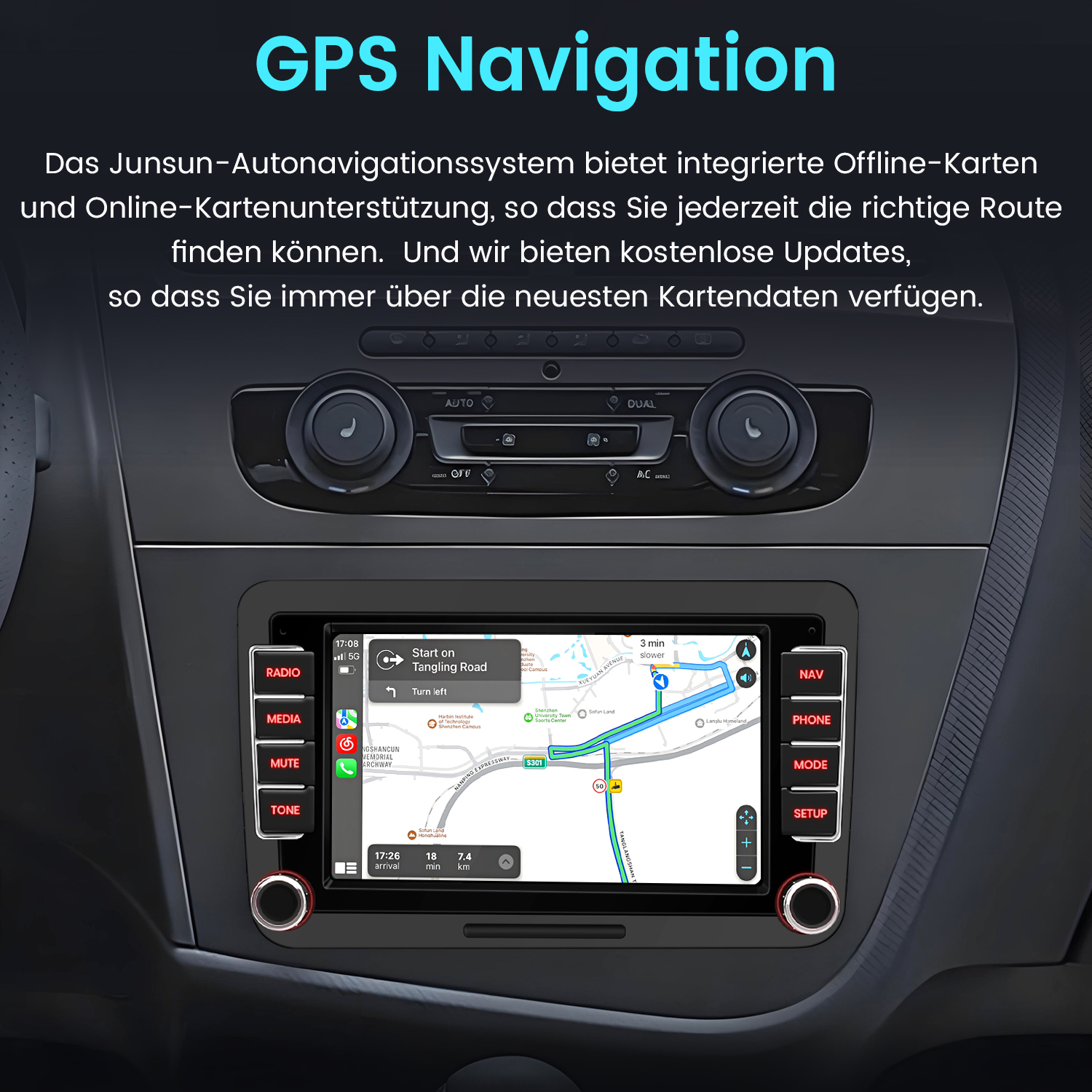 Auto-Navigationssystem zeigt GPS-Karte mit Route. Knöpfe für Radio, Medien, Stummschaltung und Ton. Text oben: GPS-Navigation.