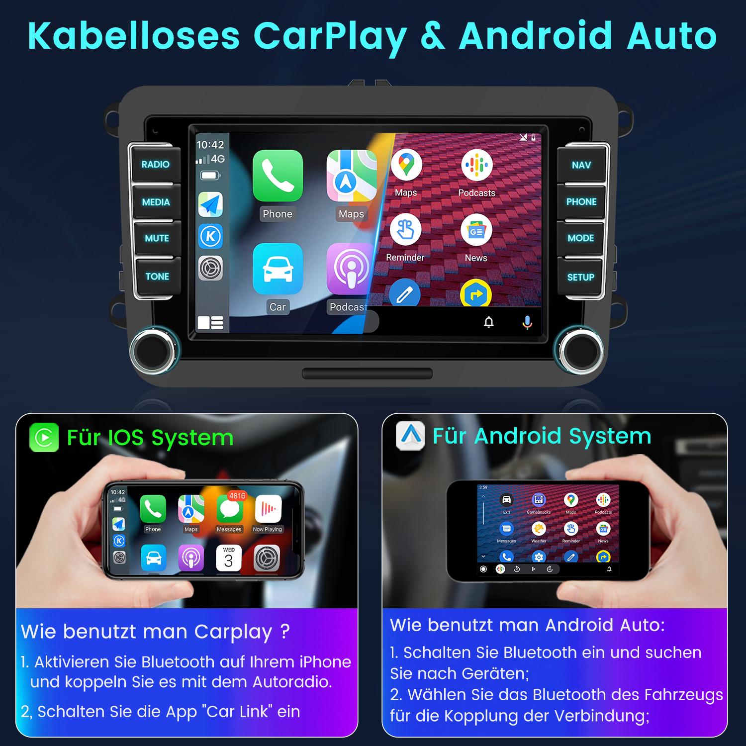 Autoradio mit CarPlay und Android Auto. Zeigt App-Symbole und Anweisungen zur Einrichtung mit iPhone- und Android-Geräten.