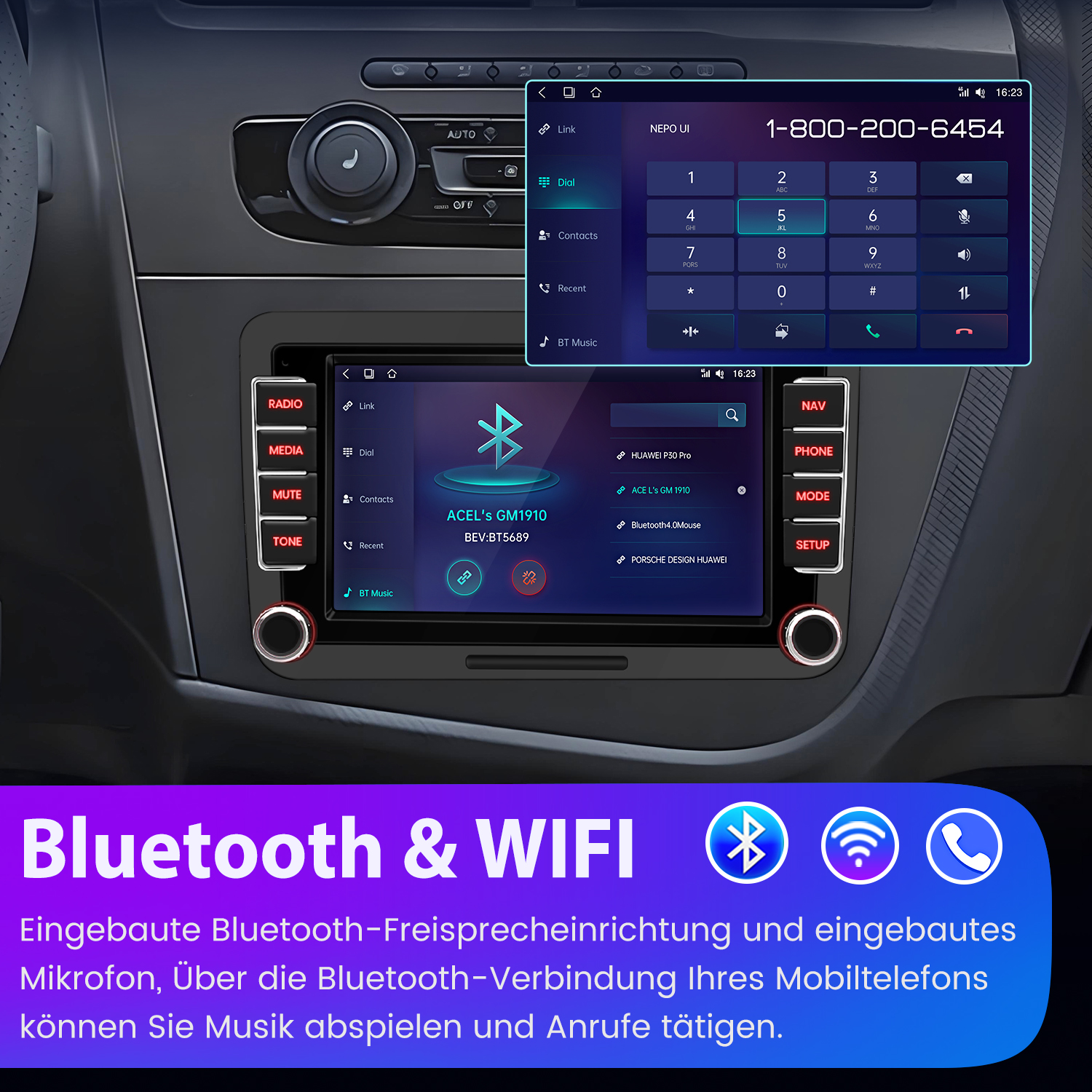 Auto-Multimediascreen mit Telefonwähler, Bluetooth-Verbindung und den Worten Bluetooth & WIFI.