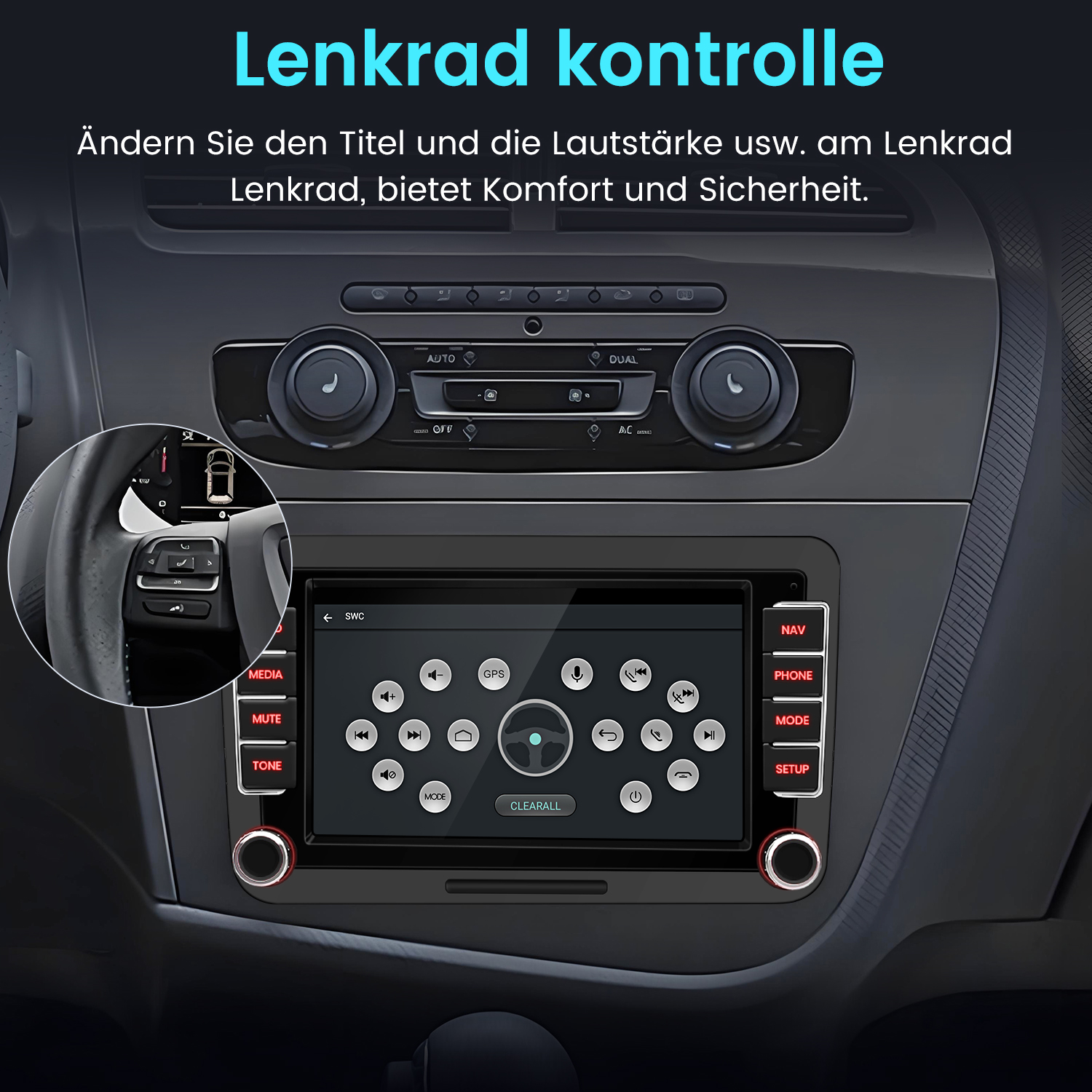 Aut Armaturenbrett mit Bildschirm, der Bedienelemente zeigt. Lenkradbedienelemente sind in einem Kreis. Tasten für Medien, Stummschaltung, Ton, Nav, Telefon, Modus und Setup.
