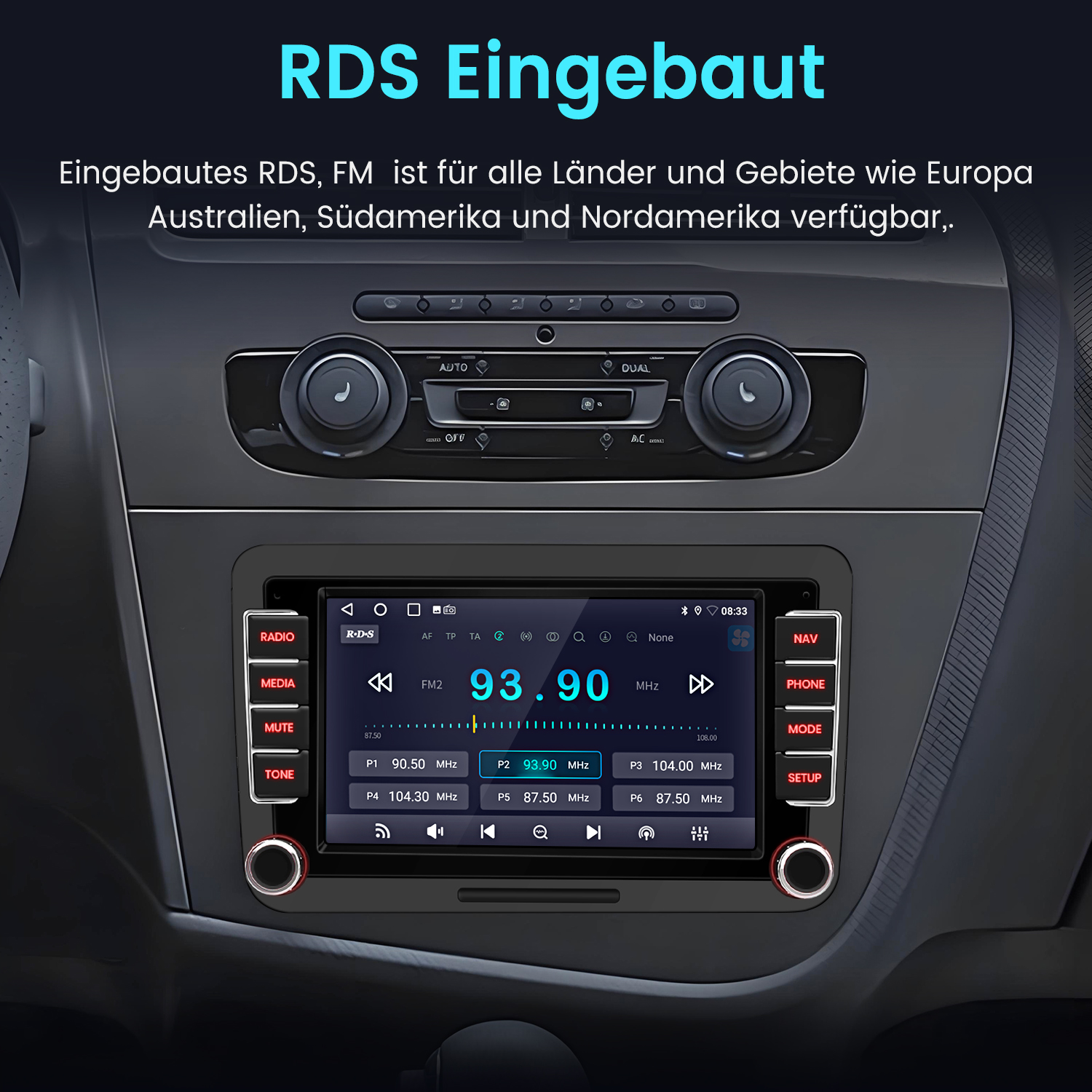 Autoradio mit Bildschirm, der FM 93.90 MHz anzeigt. Tasten für Radio, Medien, Stummschaltung, Ton, Nav, Telefon, Modus und Setup sind sichtbar.