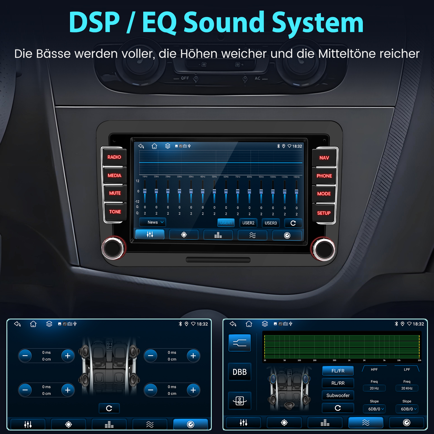 Auto-Audiosystem-Oberfläche mit EQ-Einstellungen. Zeigt Frequenzanpassungen, Lautstärkeregler und ein grafisches Equalizer-Diagramm.