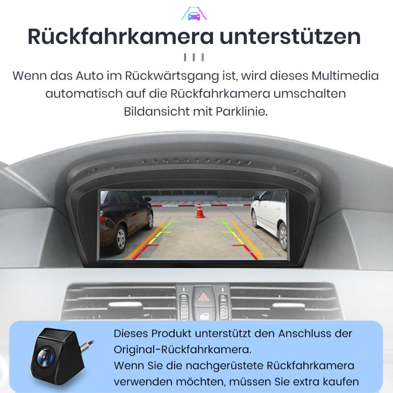 Rückfahrkameraansicht auf dem Bildschirm, Parklinien und Autos. Unten links eine Kamera.
