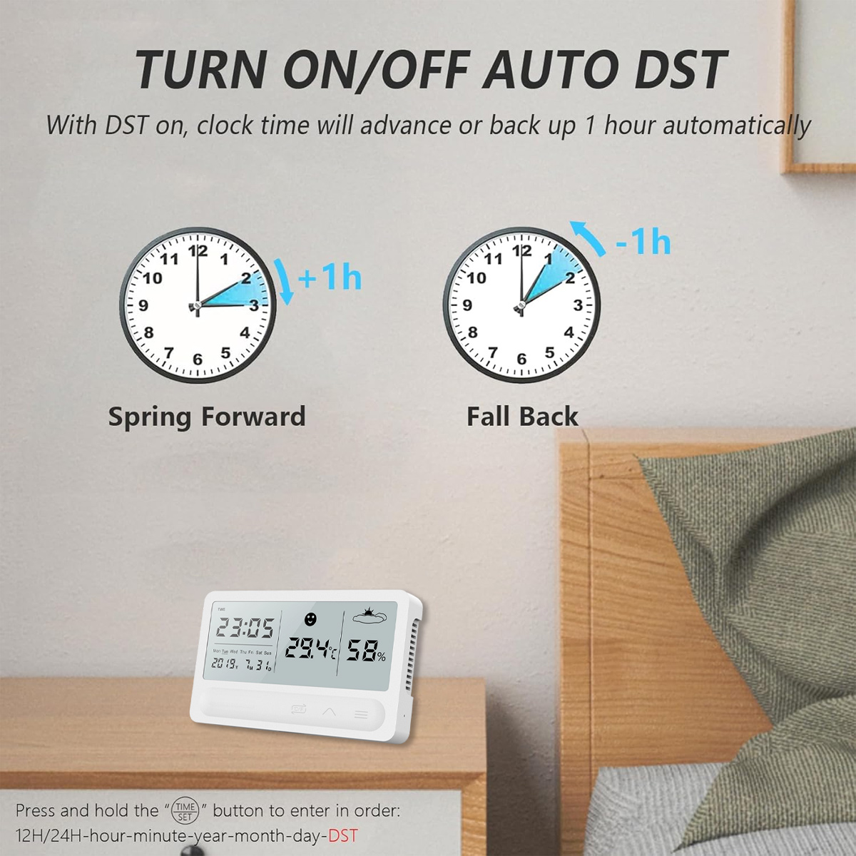 Das Bild zeigt Uhren, die die Sommerzeit veranschaulichen. Eine Uhr geht eine Stunde vor, die andere zurück. Eine Digitaluhr zeigt Zeit und Temperatur an.