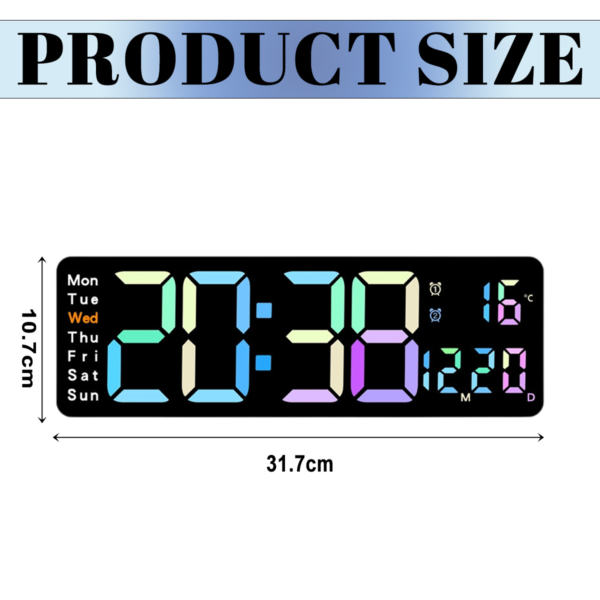 Digitaluhr zeigt 20:38, 16 Grad und Datum 12/20 an. Zeigt Produktgröße: 10,7 cm x 31,7 cm. Inklusive Wochentag.