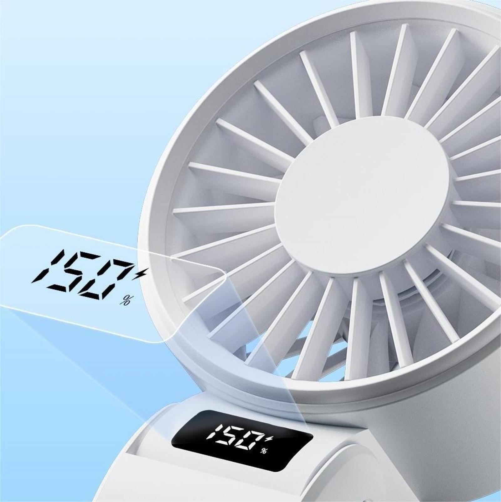 Weißer tragbarer Ventilator mit digitaler Anzeige, die 150 % Ladung anzeigt. Flügel und Gehäuse sind weiß auf blauem Hintergrund.