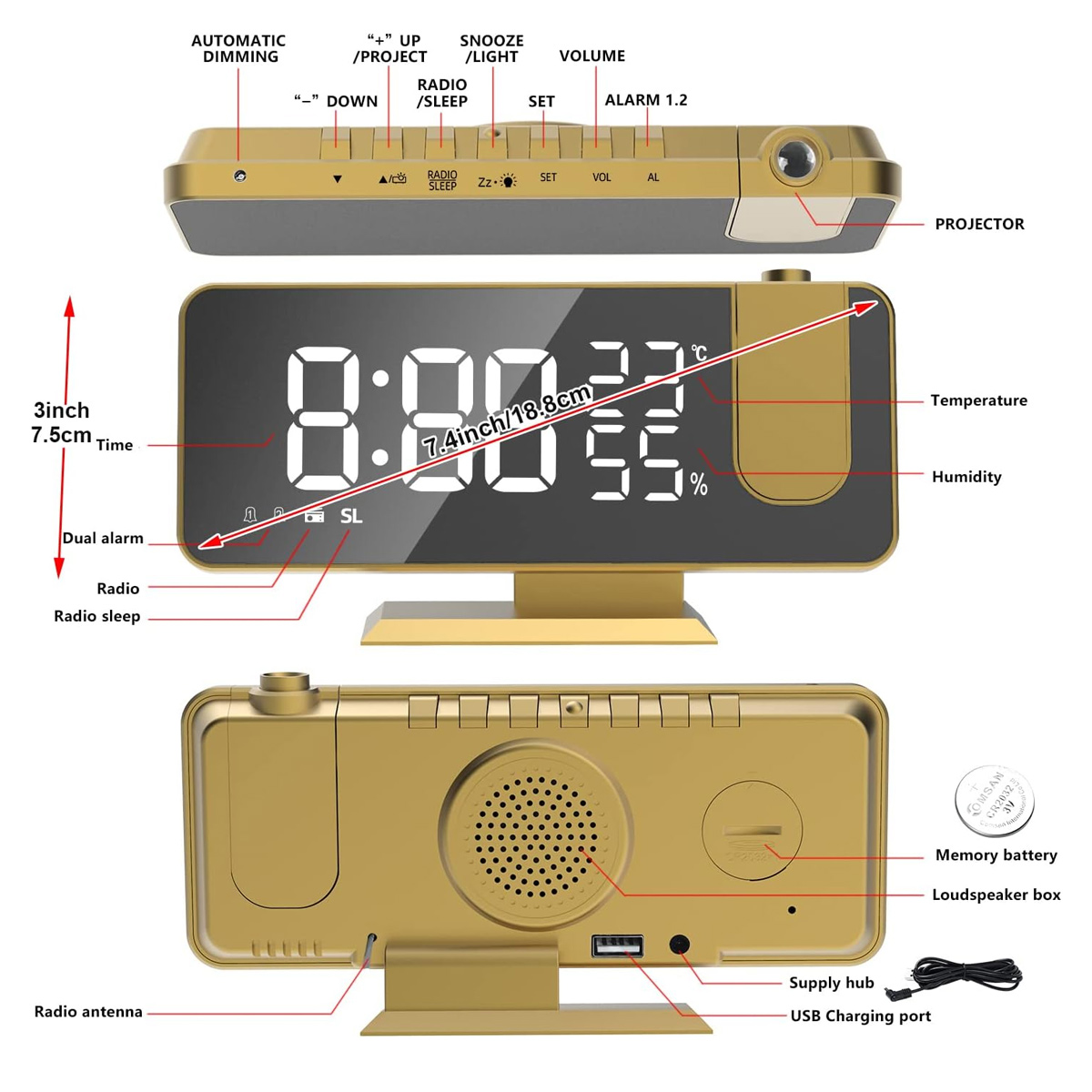 Ein goldener digitaler Wecker zeigt Zeit, Temperatur und Luftfeuchtigkeit an. Er hat Knöpfe für Einstellungen und einen Projektor. Der Wecker hat auch ein Radio.