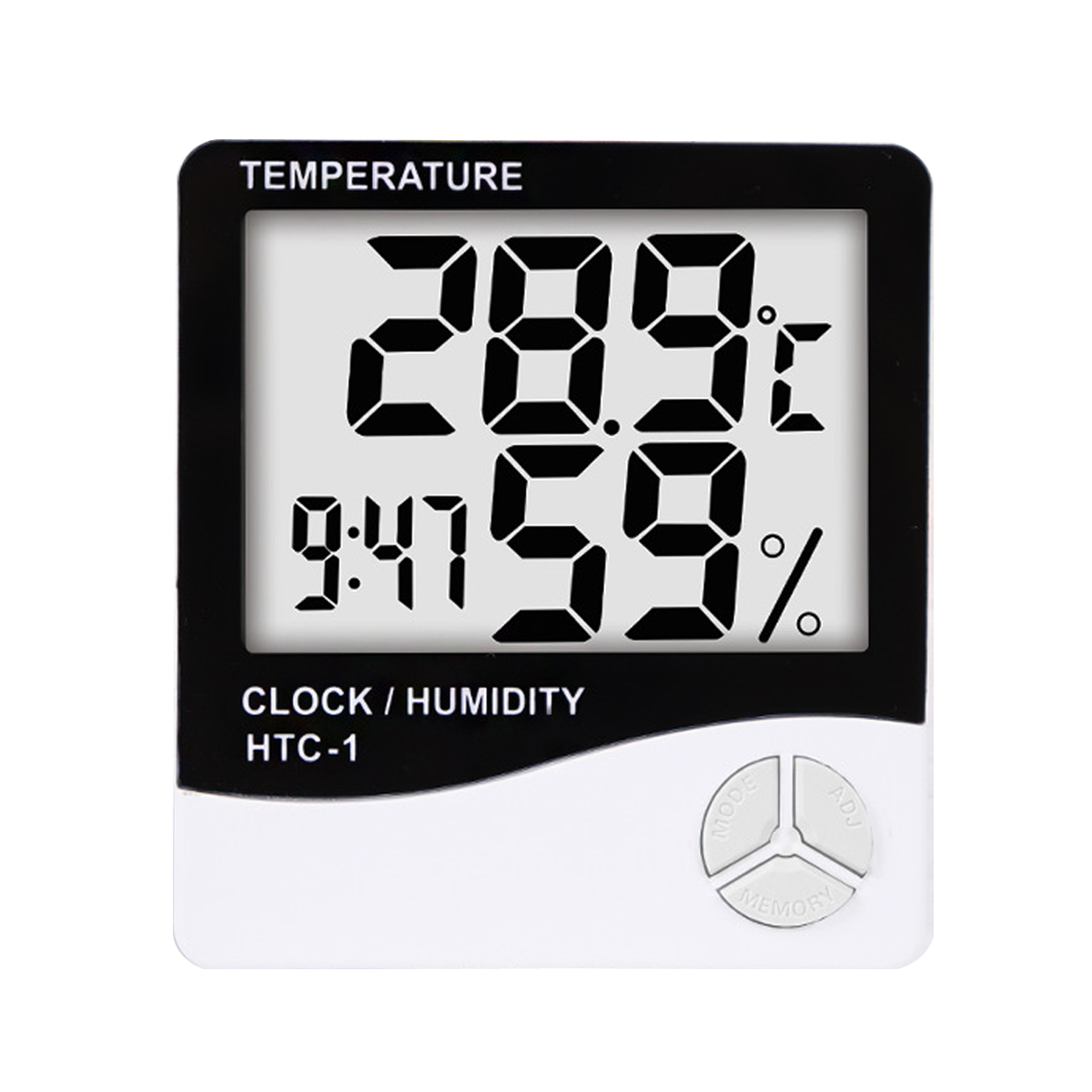 Digitales Thermometer mit 28,9 Grad Celsius, 59 % Luftfeuchtigkeit und der Uhrzeit 9:47. Es hat Modus-, Speicher- und Einstelltasten.