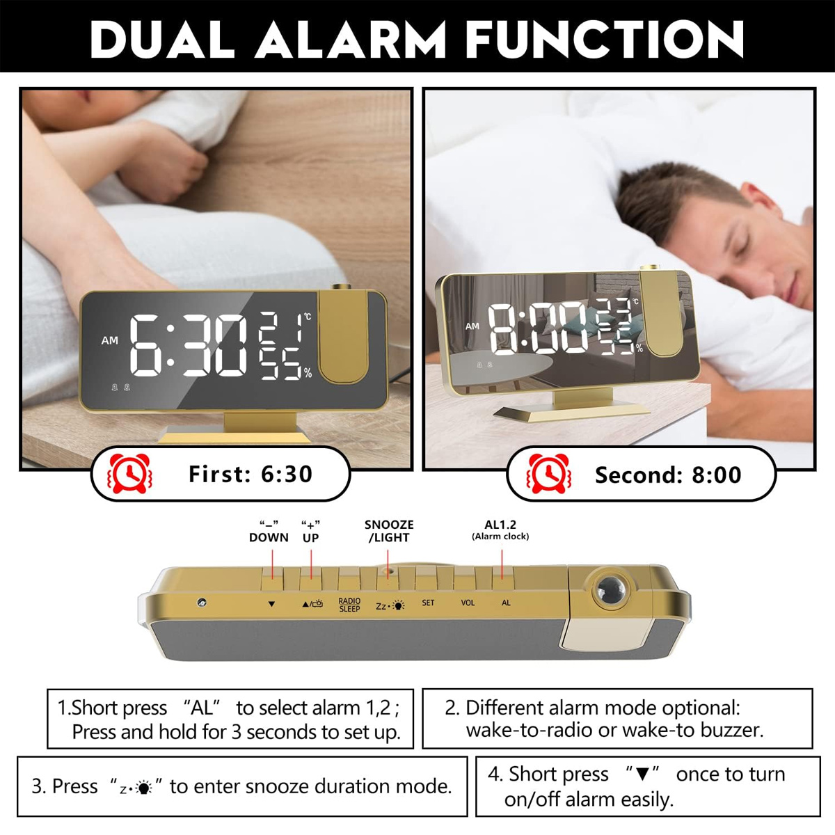 Ein Wecker mit zwei Anzeigen: 6:30 und 8:00. Anweisungen und Beschriftungen sind sichtbar. Eine Person im Bett.