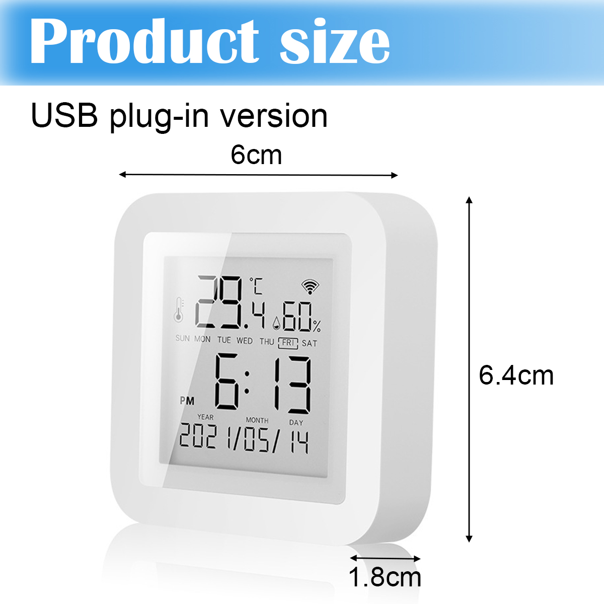 Eine weiße Digitaluhr mit Temperatur, Luftfeuchtigkeit, Uhrzeit und Datum. Maße sind beschriftet: 6cm, 6,4cm und 1,8cm.