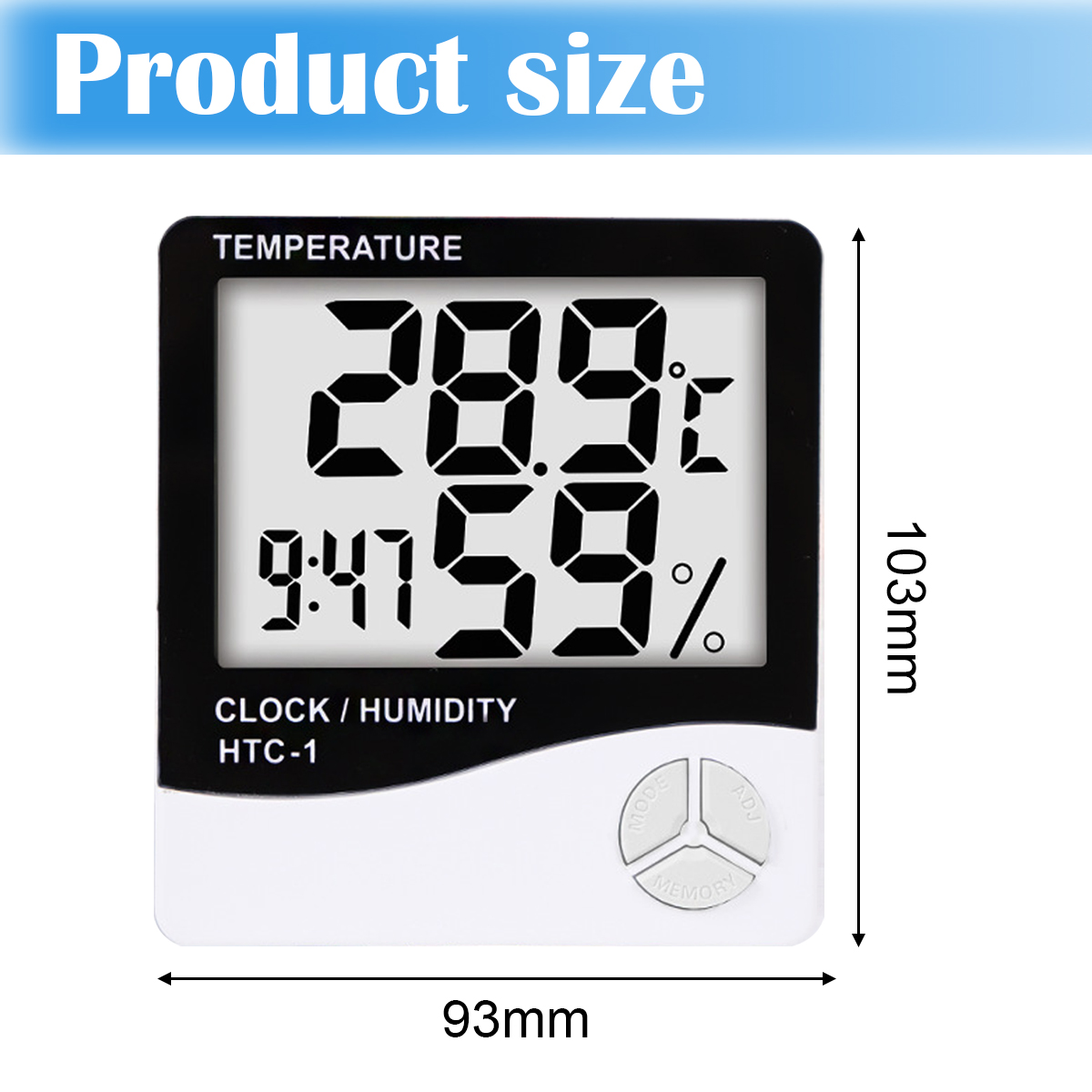 Digitales Thermometer. Zeigt Temperatur, Luftfeuchtigkeit und Uhrzeit an. Schwarzer Rahmen, weißer Hintergrund. Produktgröße: 93mm x 103mm.