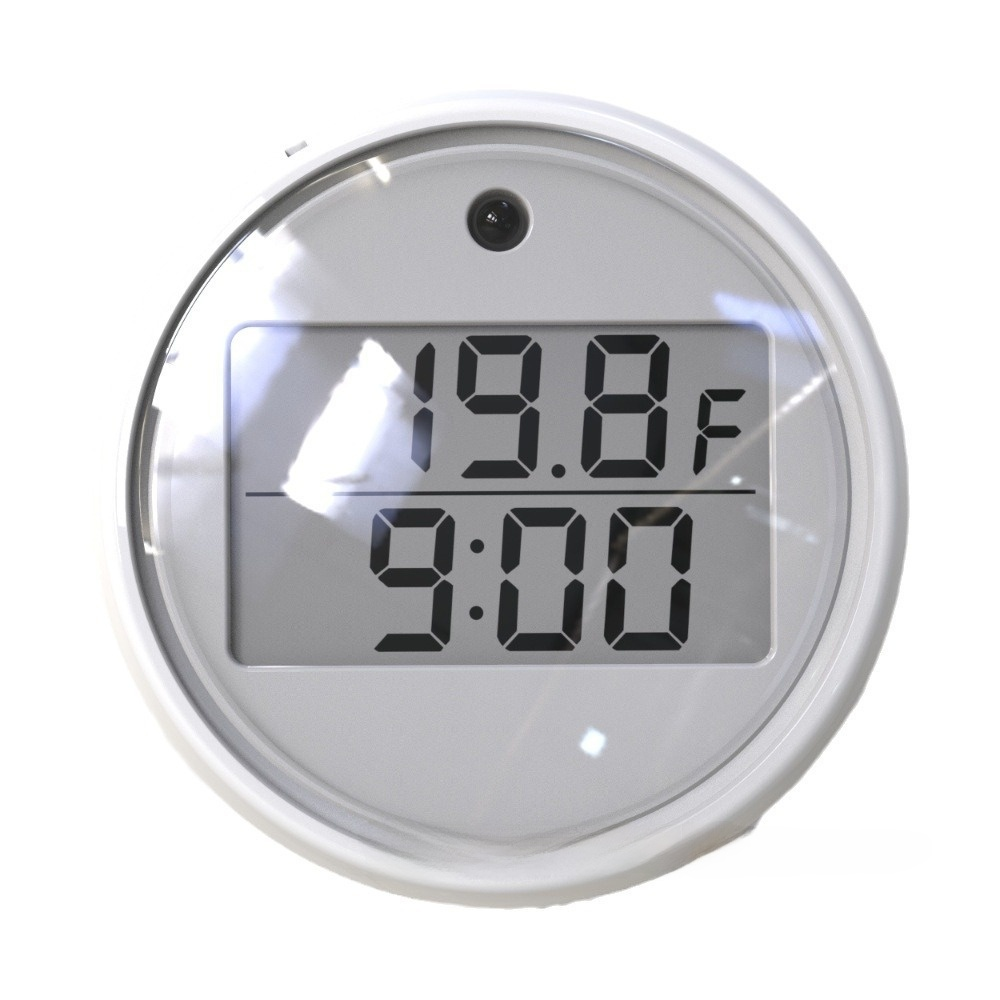 Ein weißes, kreisförmiges digitales Thermometer, das 19,8 °F und 9:00 Uhr anzeigt. Es hat oben ein kleines schwarzes Kameraobjektiv.