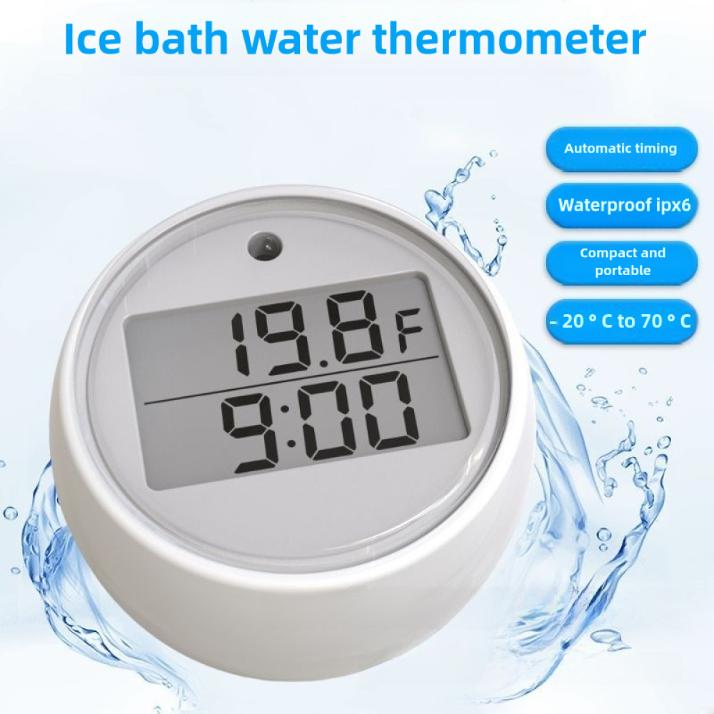 Weißes, rundes Thermometer zeigt 19,8F und 9:00 Uhr an. Oben steht "Eisbad-Wasserthermometer". Merkmale sind automatische Zeitmessung und Wasserdichtigkeit.