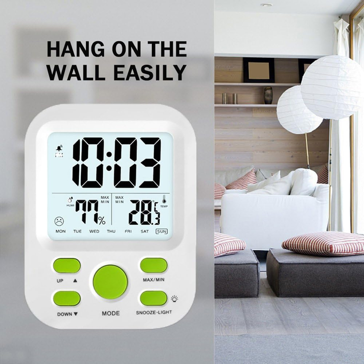 Weiße Digitaluhr mit Anzeige von Zeit, Luftfeuchtigkeit und Temperatur. Es befindet sich in einem Raum mit Sofa, Papierlaternen und Holzboden.