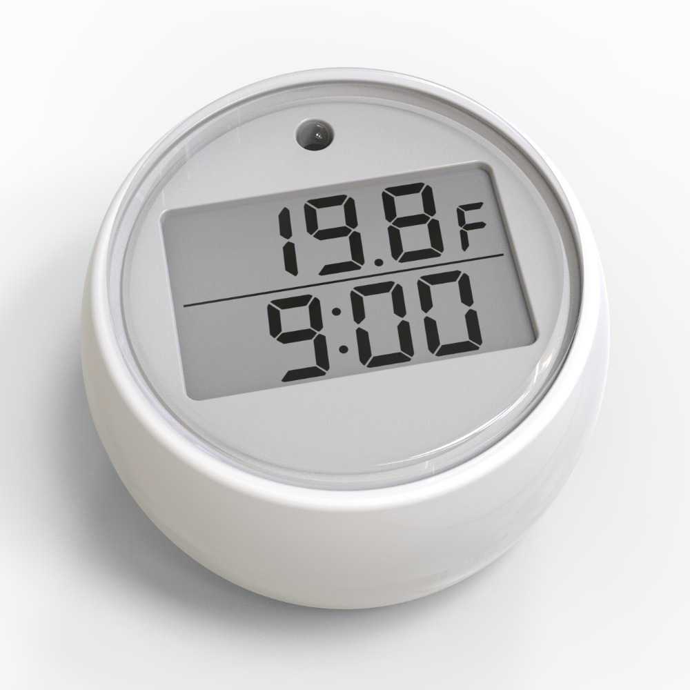 Ein weißes Digitalthermometer zeigt 19,8°F und 9:00 Uhr an. Es hat oben eine kleine Linse. Der Hintergrund ist weiß.