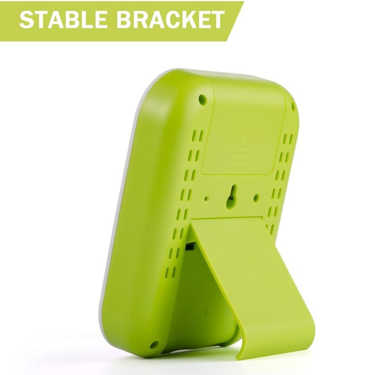 Grünes Gerät mit Ständer, darüber steht 'STABLE BRACKET'. Das Gerät hat parallele Linien und einen Haken auf der Rückseite.