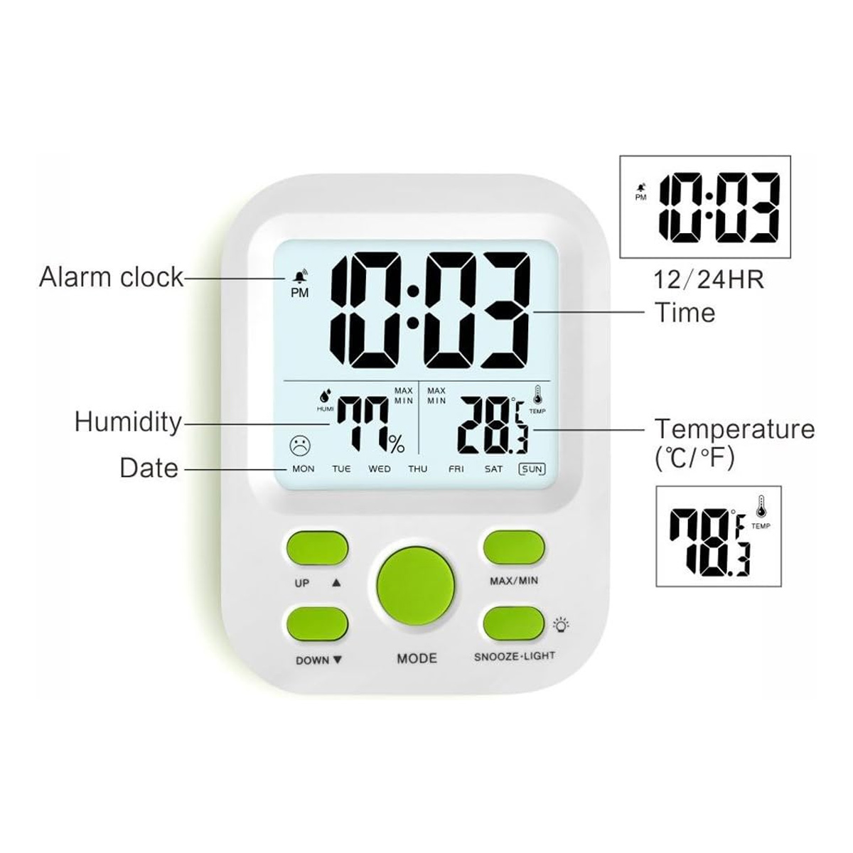 Digitaler Wecker mit Anzeige von 10:03, 77 % Luftfeuchtigkeit und 28,5 °C. Merkmale: Zeit, Datum und Modus. Weißes Gehäuse.