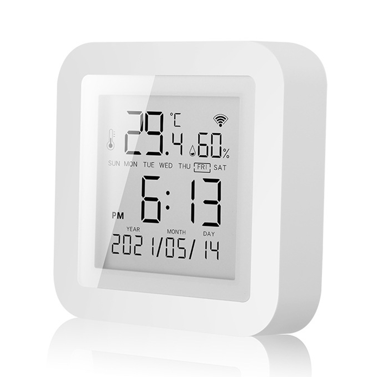 Weiße Digitaluhr zeigt Temperatur (29,4 °C), Luftfeuchtigkeit (60 %), Uhrzeit (18:13 Uhr) und Datum (14.05.2021).