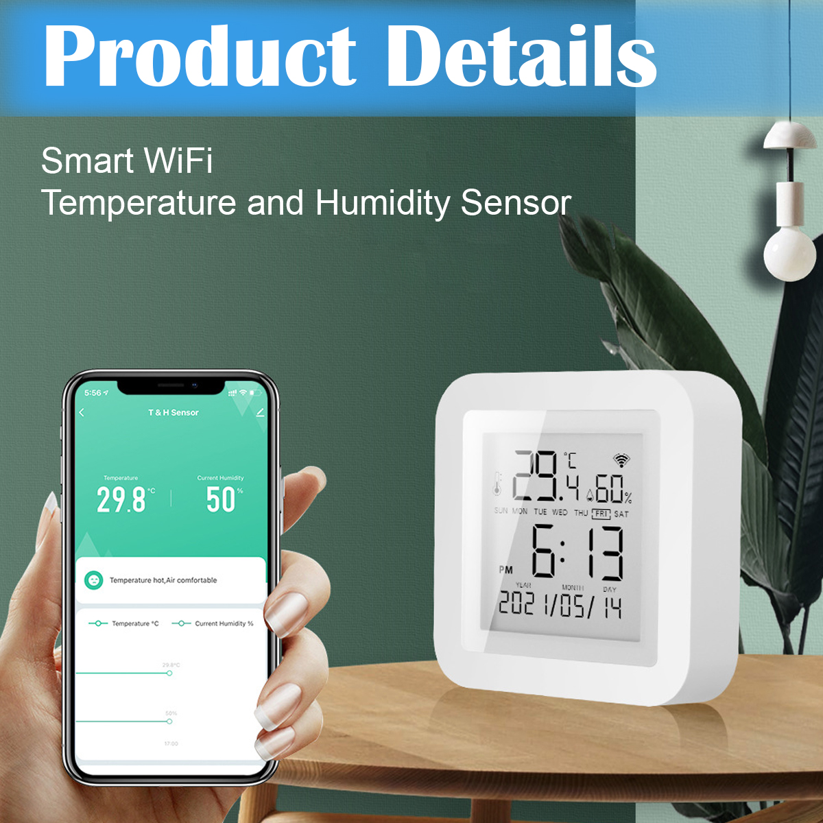 Eine Hand hält ein Telefon mit Temperatur- und Feuchtigkeitswerten. Ein weißer Sensor zeigt ähnliche Informationen mit Datum und Uhrzeit an.