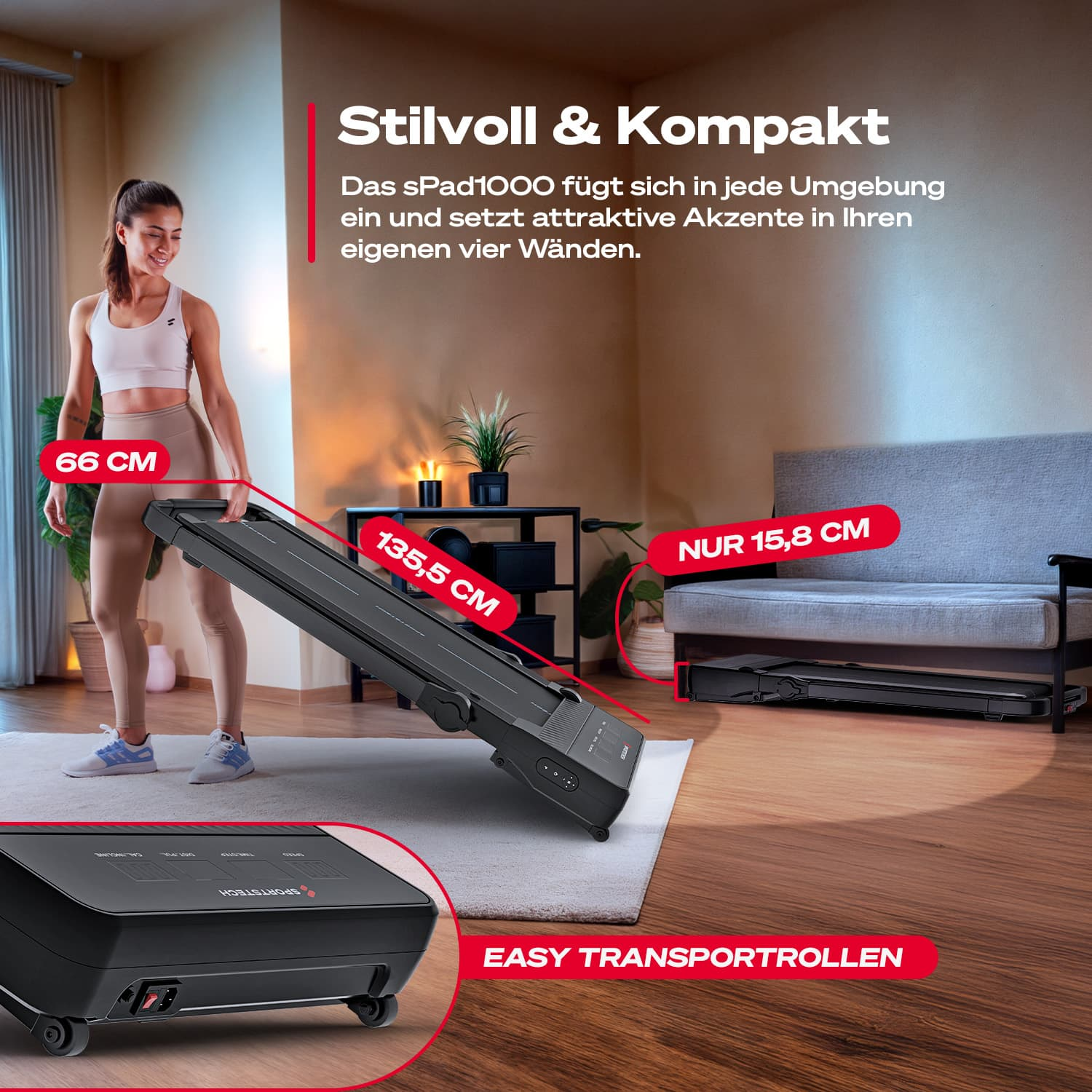 Frau mit Laufband. Abmessungen sind sichtbar. Schwarzes Laufband auf weißem Teppich. Sofa und Möbel im Hintergrund.