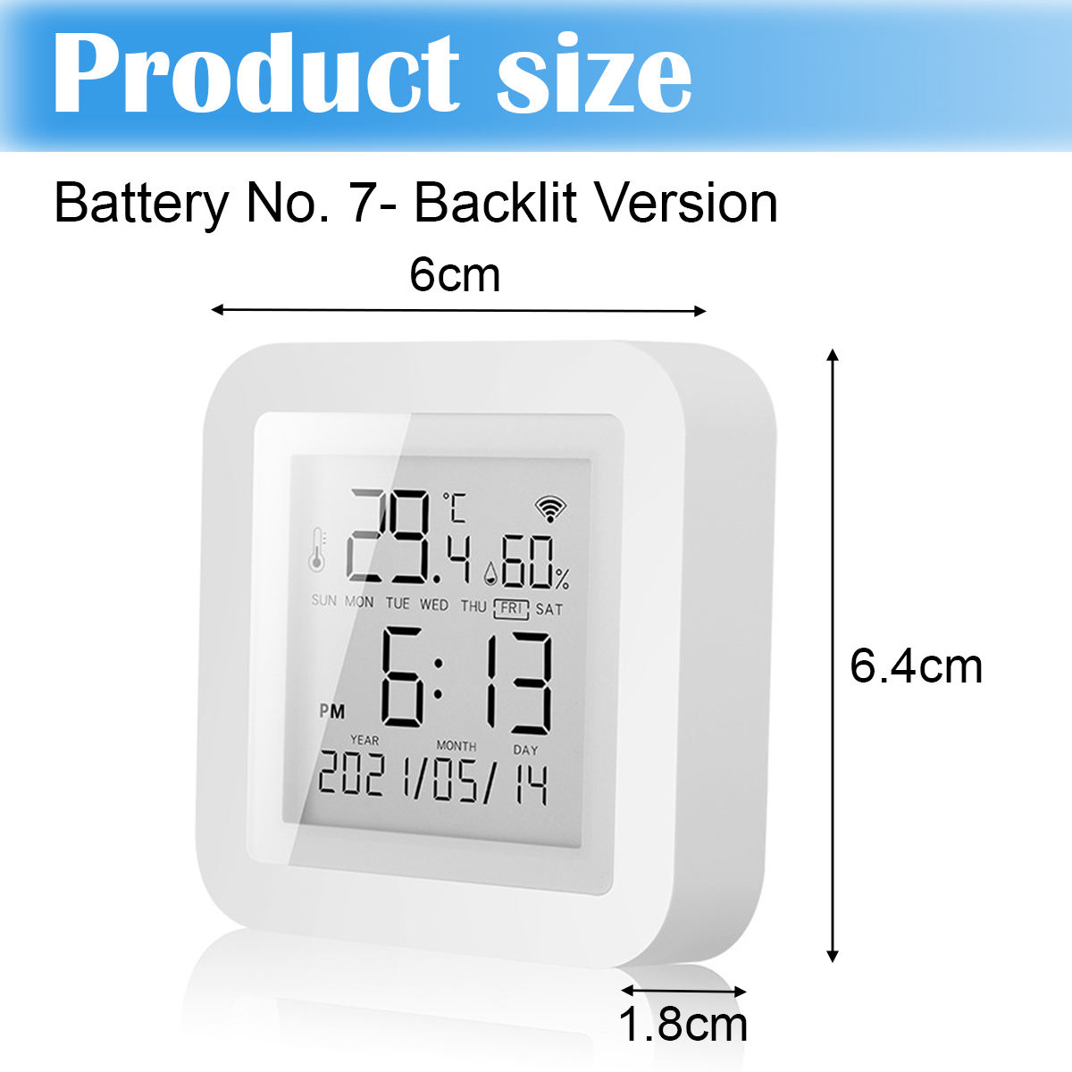 Weiße Digitaluhr mit Anzeige von Uhrzeit, Temperatur und Luftfeuchtigkeit. Maße: 6cm breit, 6,4cm hoch, 1,8cm tief.
