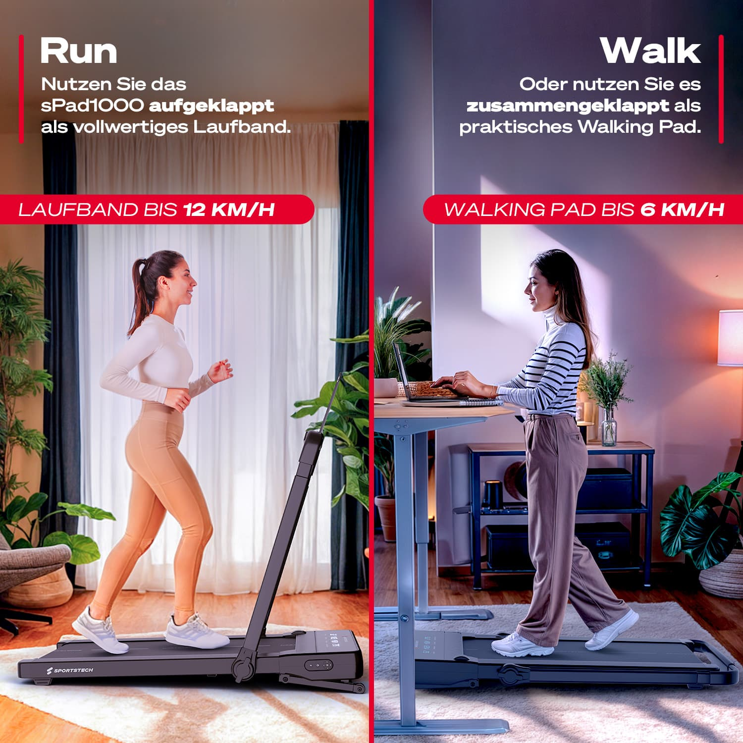 Zwei Frauen benutzen Laufbänder. Eine rennt, die andere geht. Beide sind in Räumen. Text sagt 'Run' und 'Walk', auch Geschwindigkeiten.