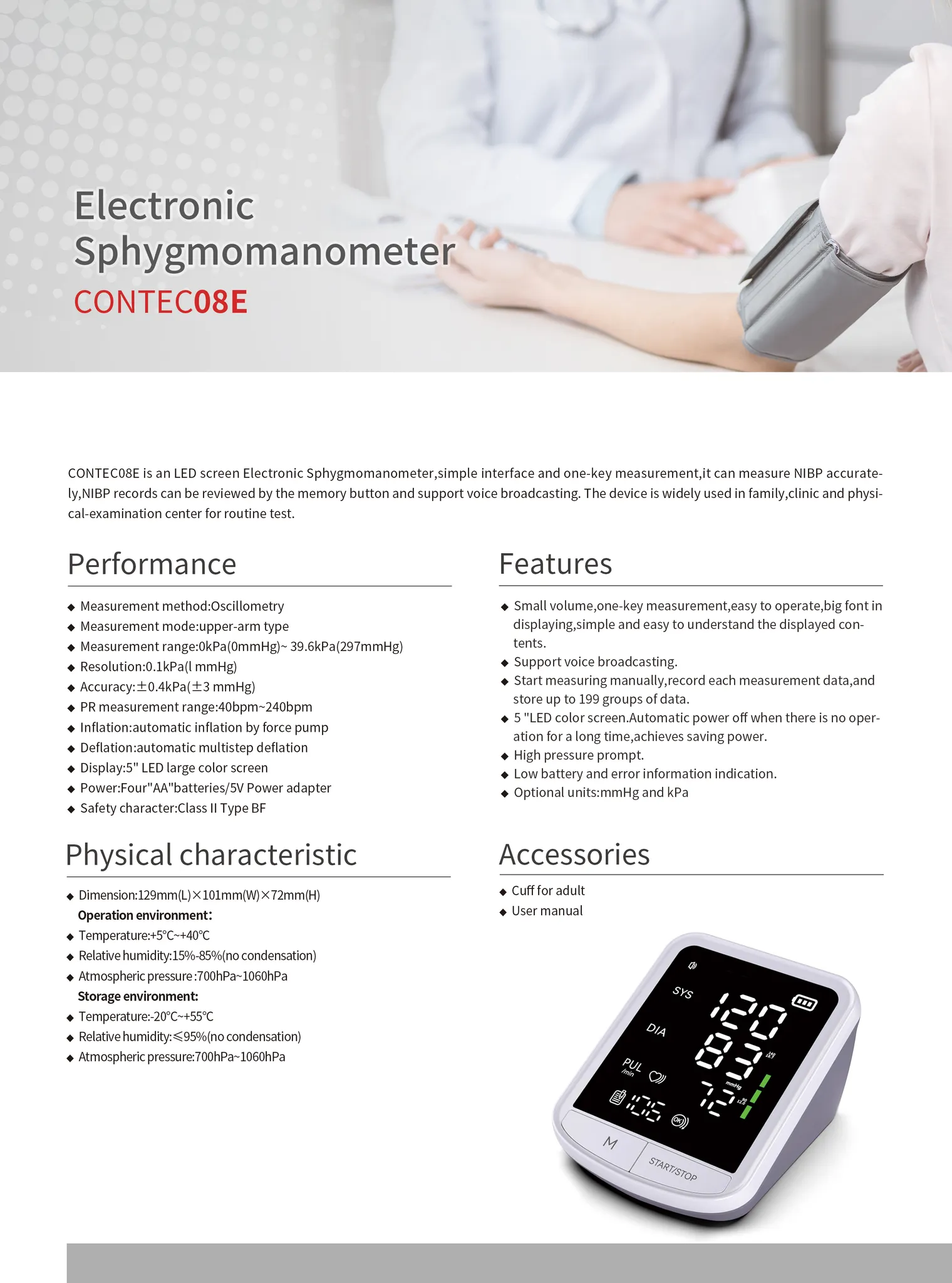 Ein elektronisches Sphygmomanometer, CONTEC08E, zeigt die Blutdruckwerte auf dem Bildschirm an. Eine Manschette ist abgebildet.