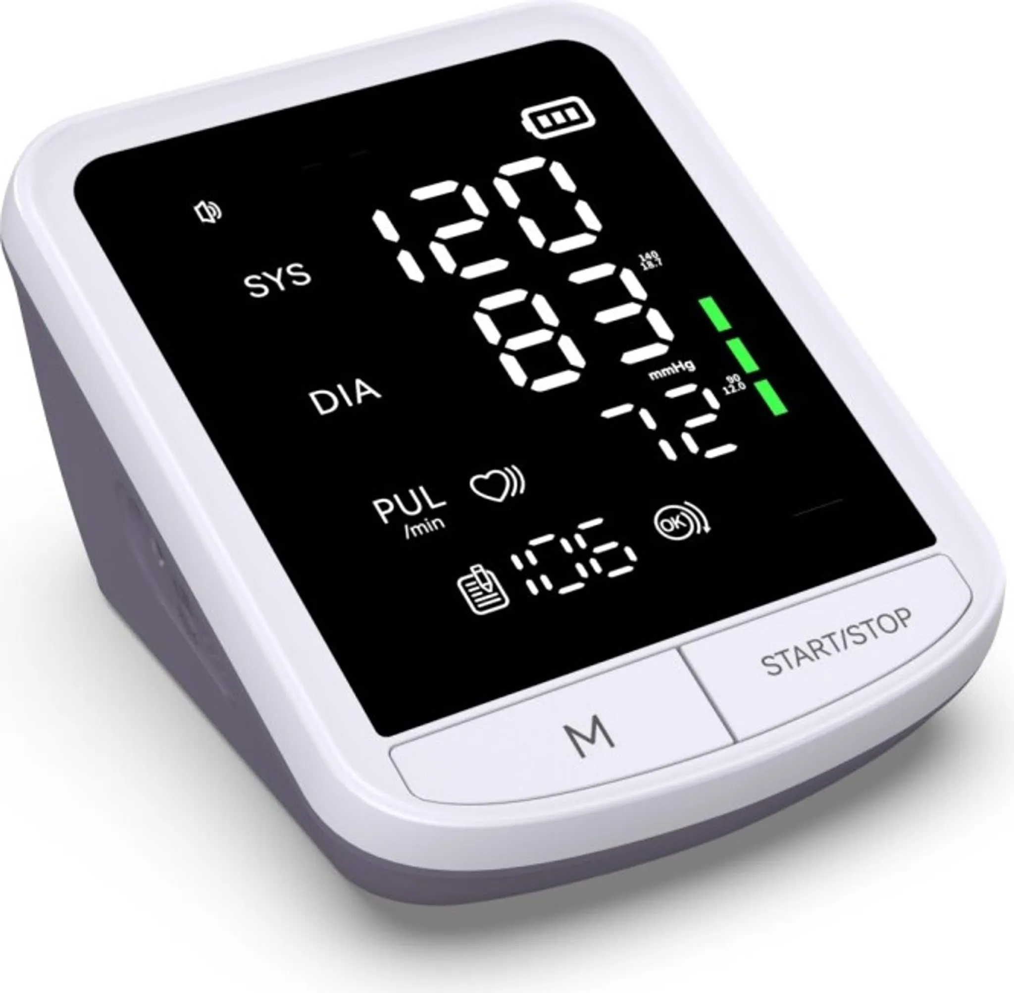 Ein digitales Blutdruckmessgerät zeigt Messwerte an: SYS 120, DIA 83, Puls 106. Es hat eine Start/Stopp-Taste und ein Display.