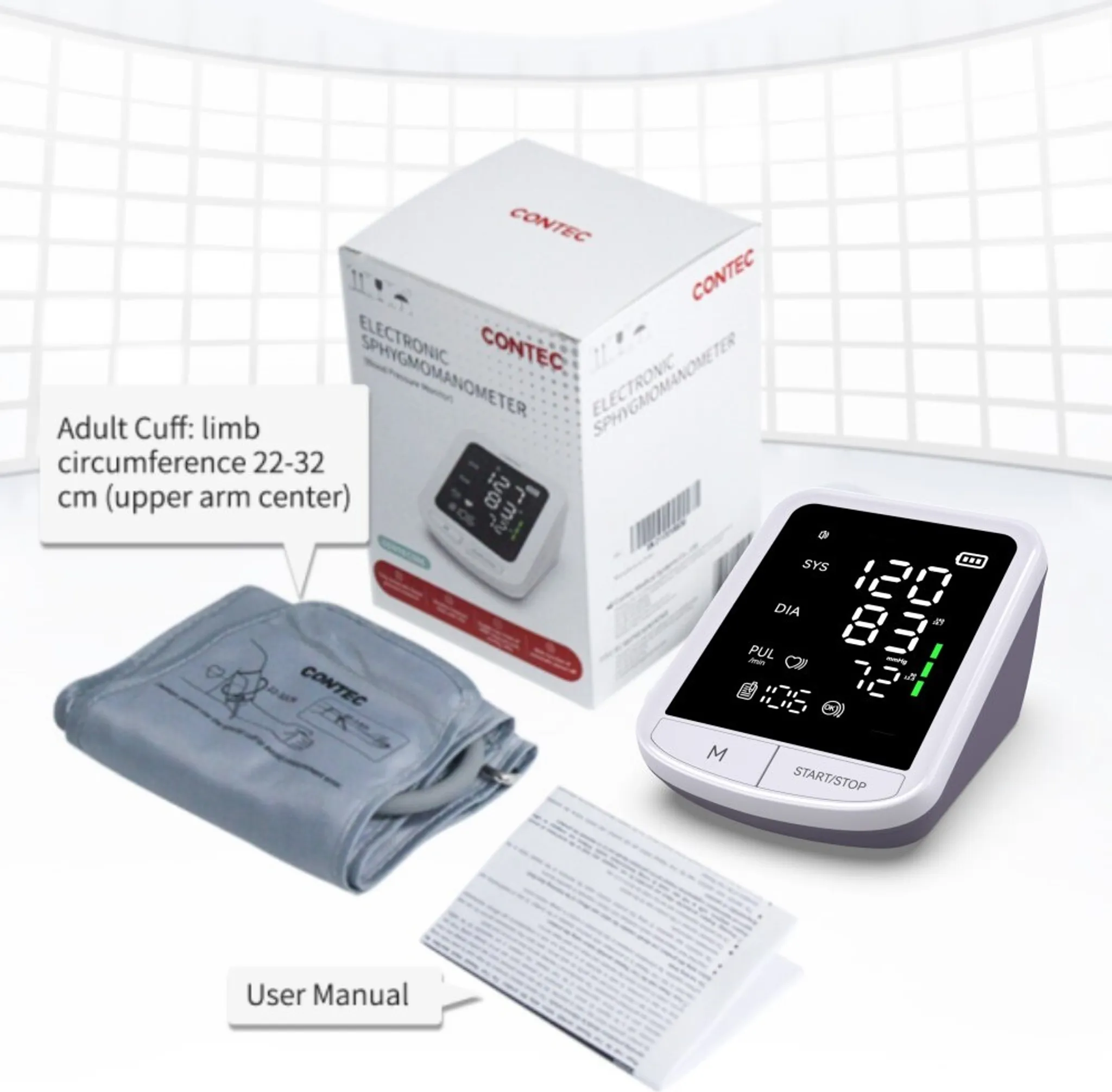 Ein Blutdruckmessgerät-Set beinhaltet ein Gerät, eine Manschette, eine Box und ein Handbuch. Der Monitor zeigt Messwerte an. Auf der Box steht CONTEC.