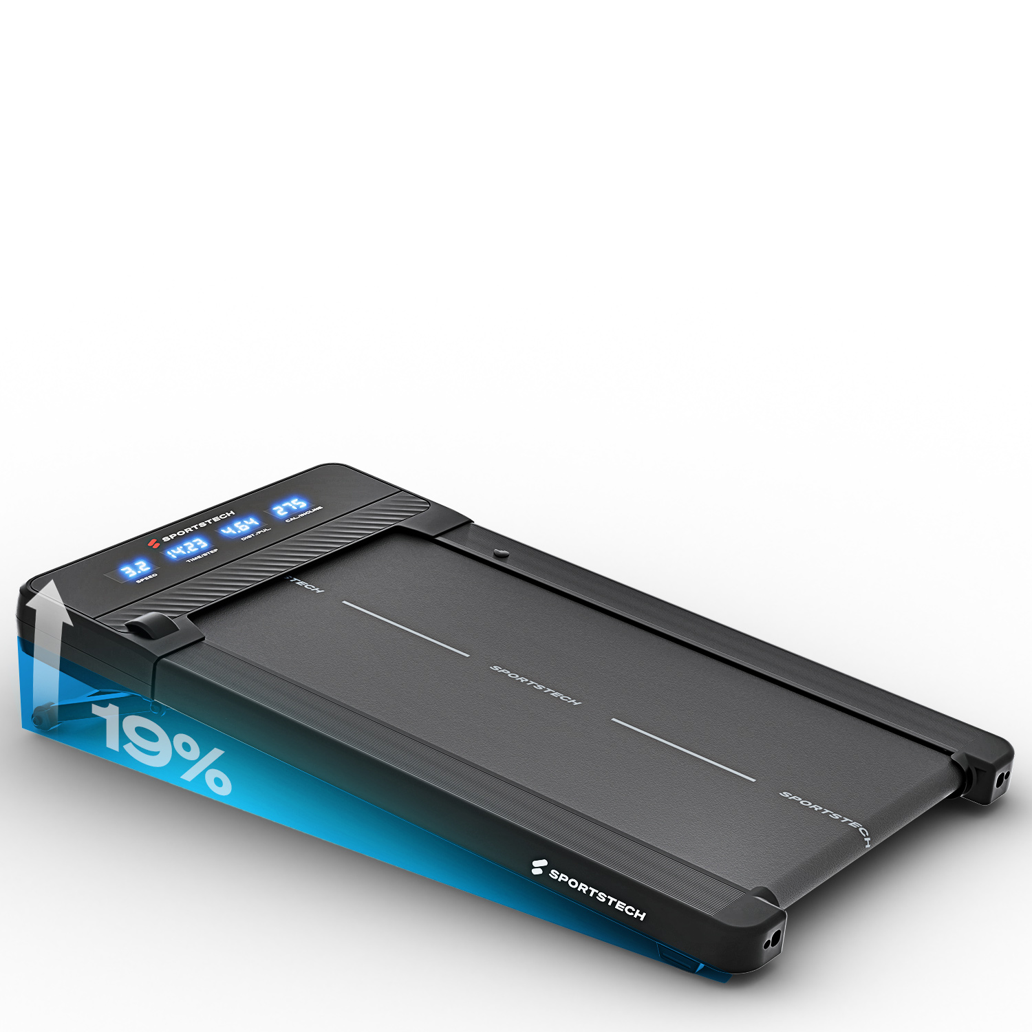 Ein schwarzes Laufband mit Digitalanzeige für Geschwindigkeit, Zeit und Kalorien. Ein blauer Farbverlauf zeigt 19 % Steigung an.