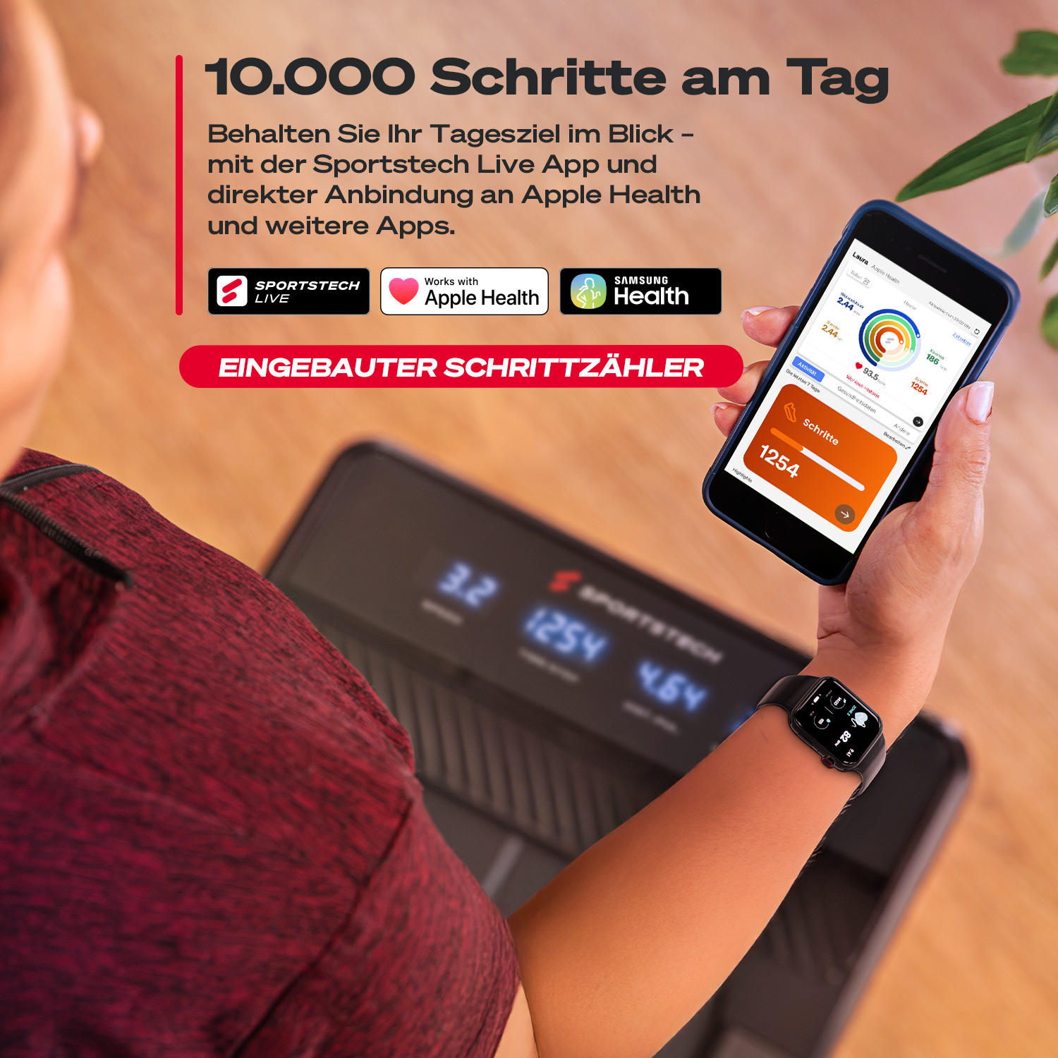 Eine Person hält ein Telefon mit einer Schrittzähler-App, mit einer Smartwatch und einem Fitnessgerät im Hintergrund. Text erwähnt Schrittverfolgung.
