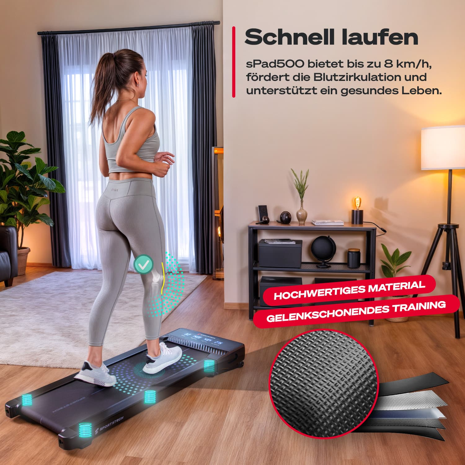 Eine Frau geht auf einem Laufband. Die Szene umfasst ein Laufband, eine Frau, eine Pflanze, einen Tisch und Marketingtexte.