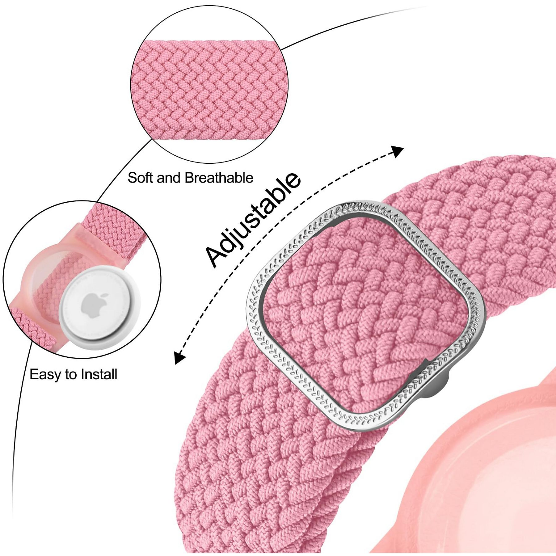 Rosa geflochtenes, verstellbares Uhrenarmband mit Metallverschluss und zusätzlichen Detailaufnahmen: weich und atmungsaktiv, einfach zu installieren.