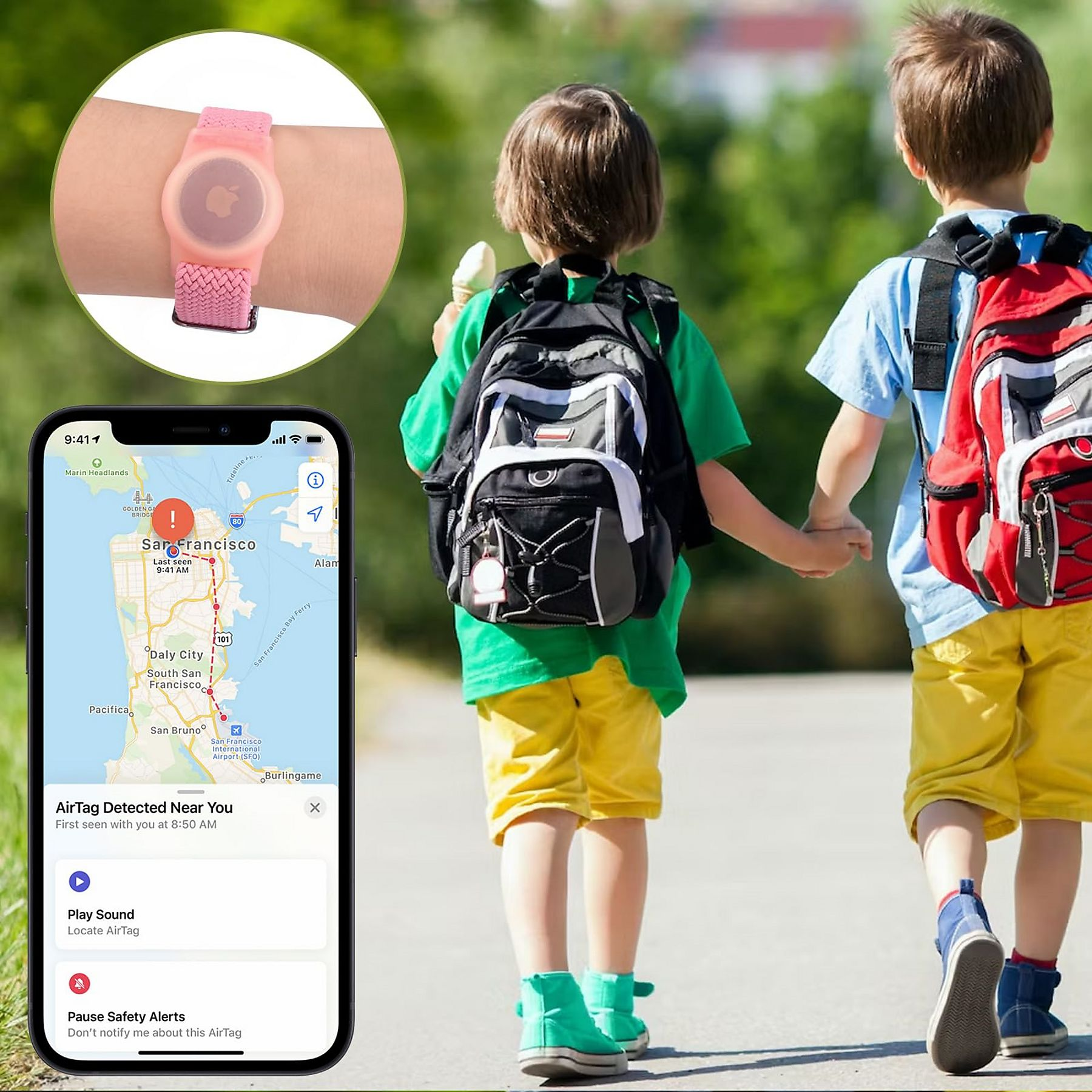 Zwei Kinder gehen Hand in Hand. Einer hält Eis. Eine Apple Watch und ein Telefon mit AirTag-Standort sind ebenfalls sichtbar.