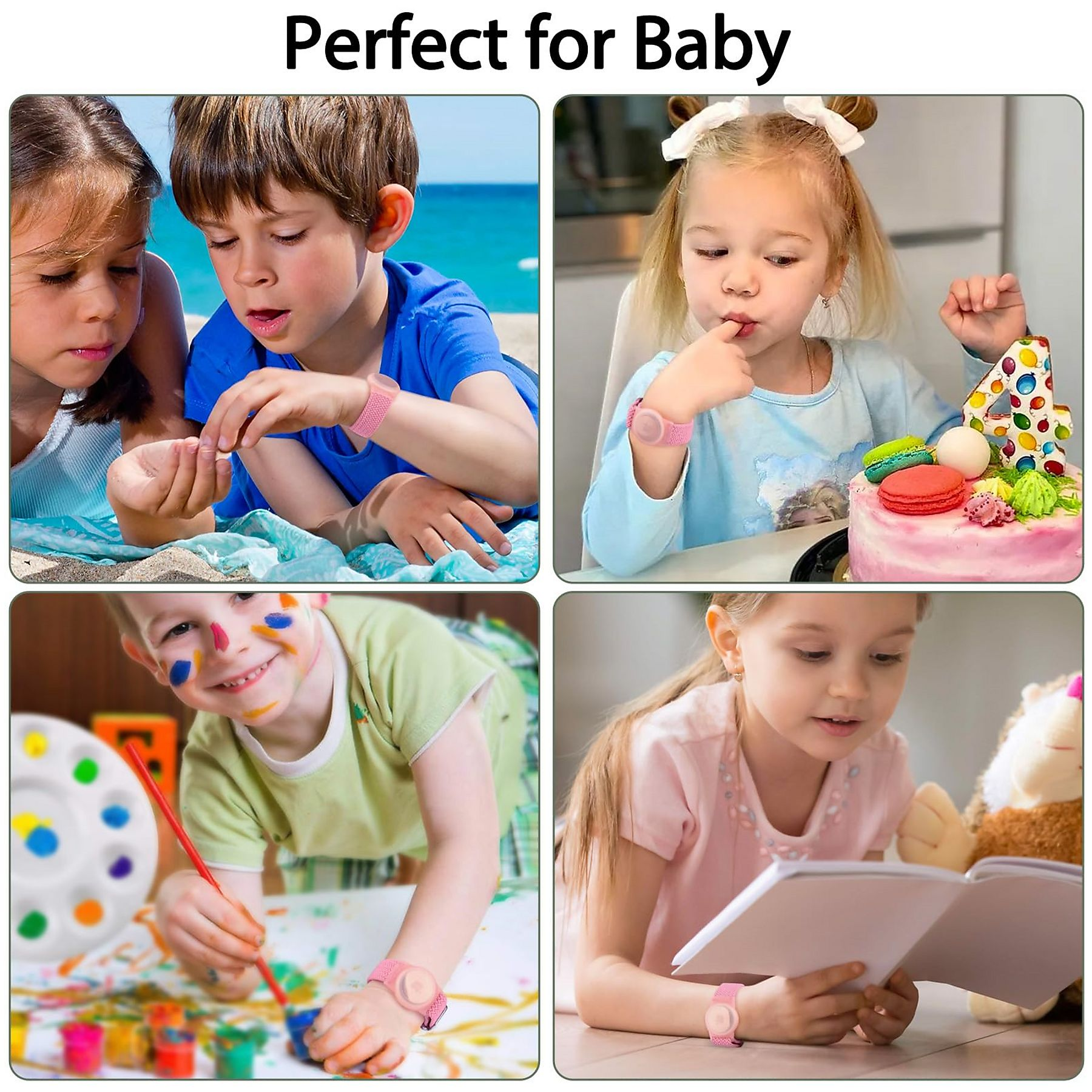 Vier Bilder zeigen Kinder mit rosa Armbändern. Sie sind am Strand, essen Kuchen, malen und lesen ein Buch. Alle tragen das gleiche Accessoire.