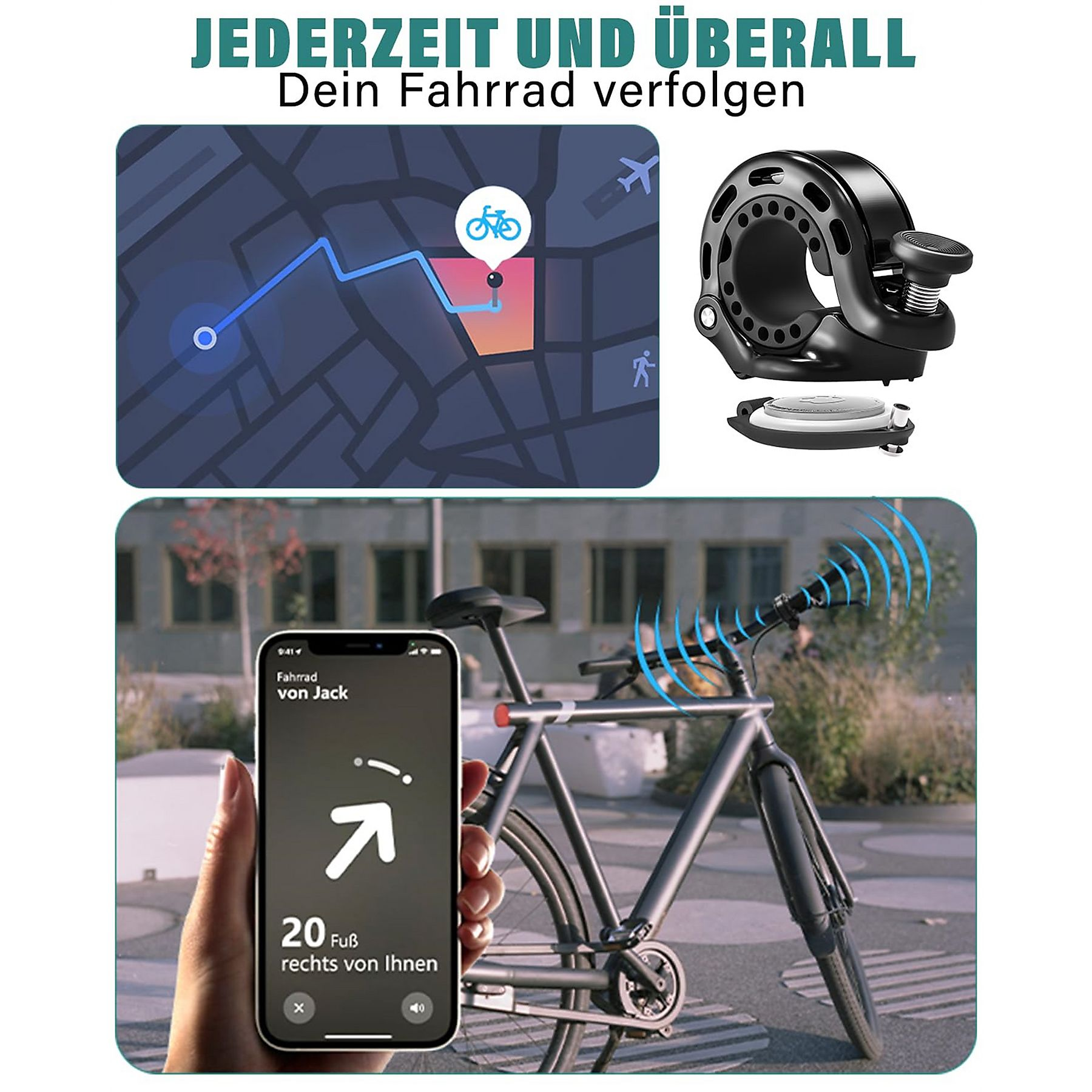 Das Bild zeigt Fahrradverfolgung mit Telefon, Karte und Fahrradschloss. Das Telefon zeigt Standortdaten an. Text sagt, Ihr Fahrrad jederzeit und überall zu verfolgen.