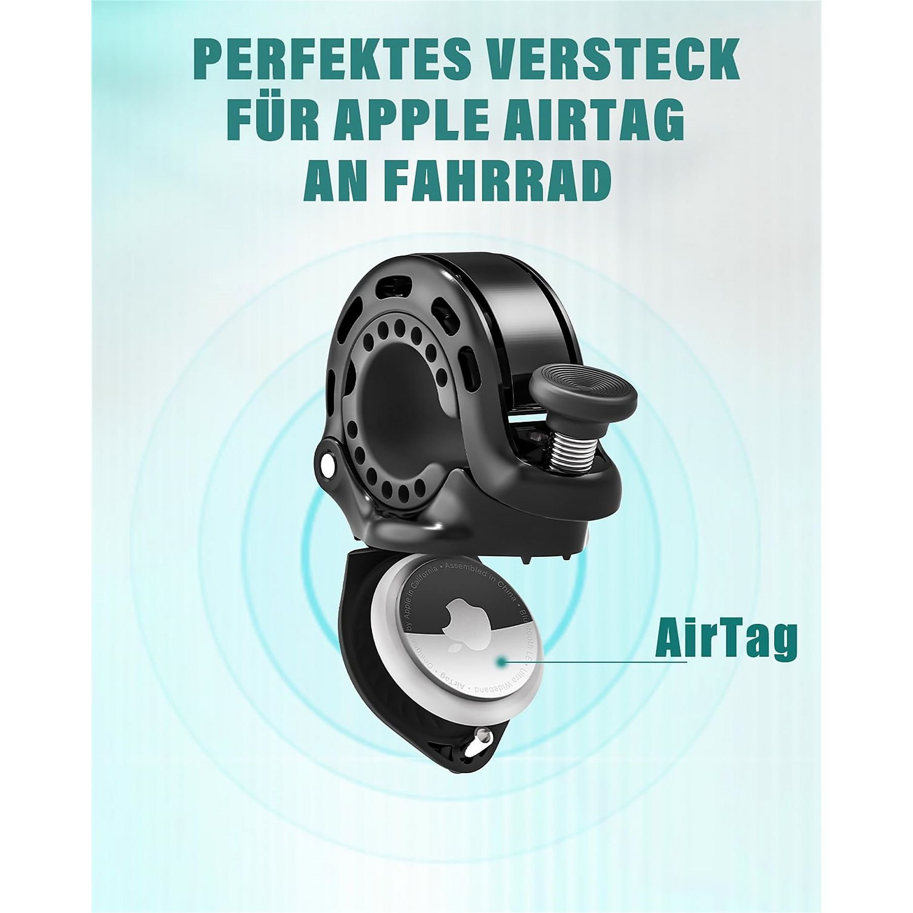 Schwarze Fahrradhalterung mit Apple AirTag. Text auf Deutsch: Perfekter Versteck für Apple AirTag am Fahrrad.