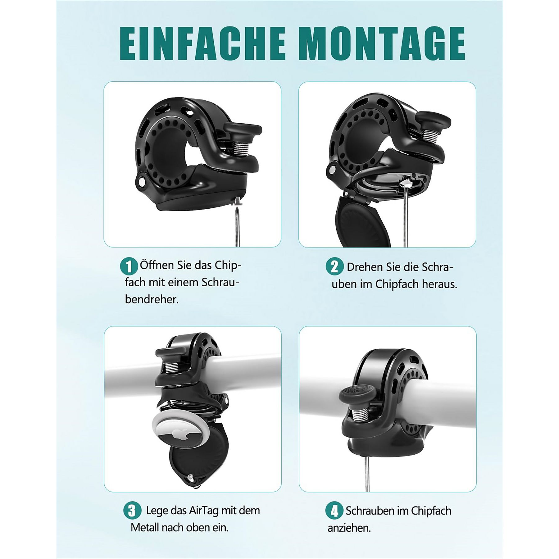 Eine Anleitung zur Installation eines AirTag-Halters. Zeigt Schritte mit einem schwarzen Halter, einer Metallstange und dem AirTag-Gerät.