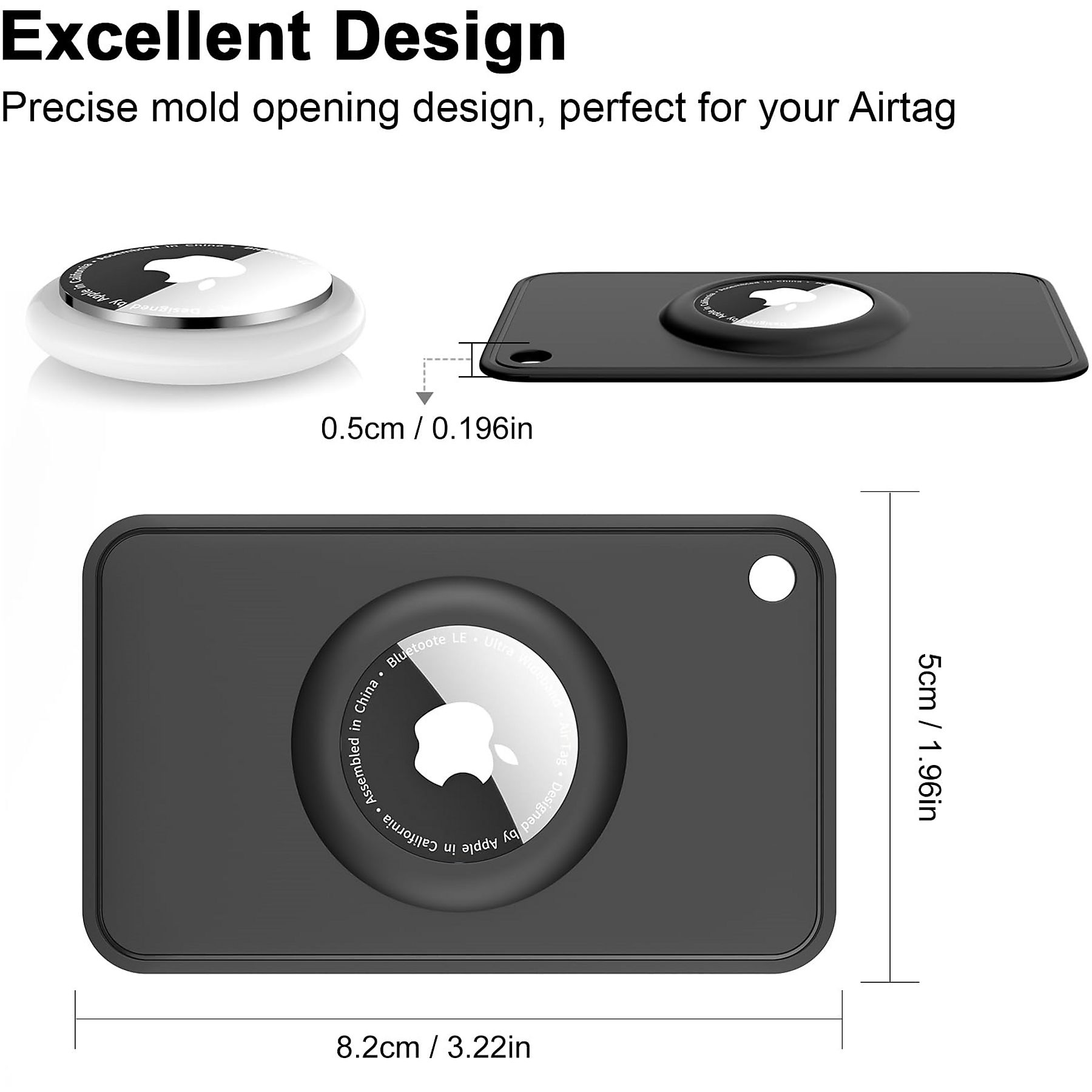 Das Bild zeigt AirTag und Hülle. AirTag ist weiß und silber. Die Hülle ist schwarz mit einer Öffnung für den AirTag.