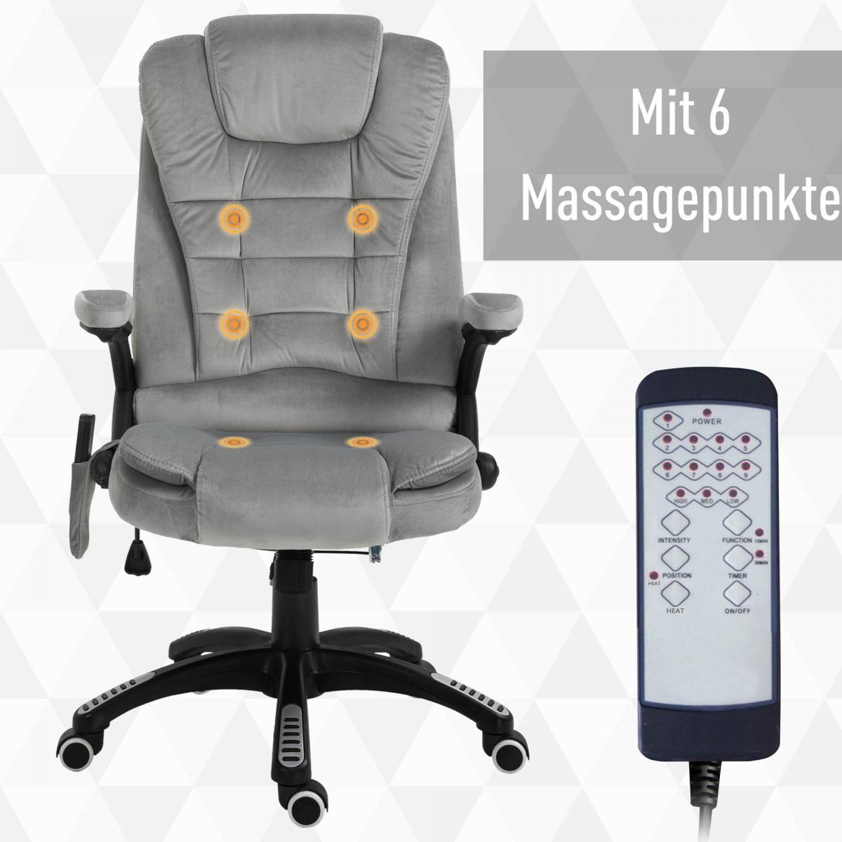 Grauer Massagestuhl mit Fernbedienung. Text lautet 'Mit 6 Massagepunkte'. Stuhl hat 6 gelb hervorgehobene Massagepunkte.